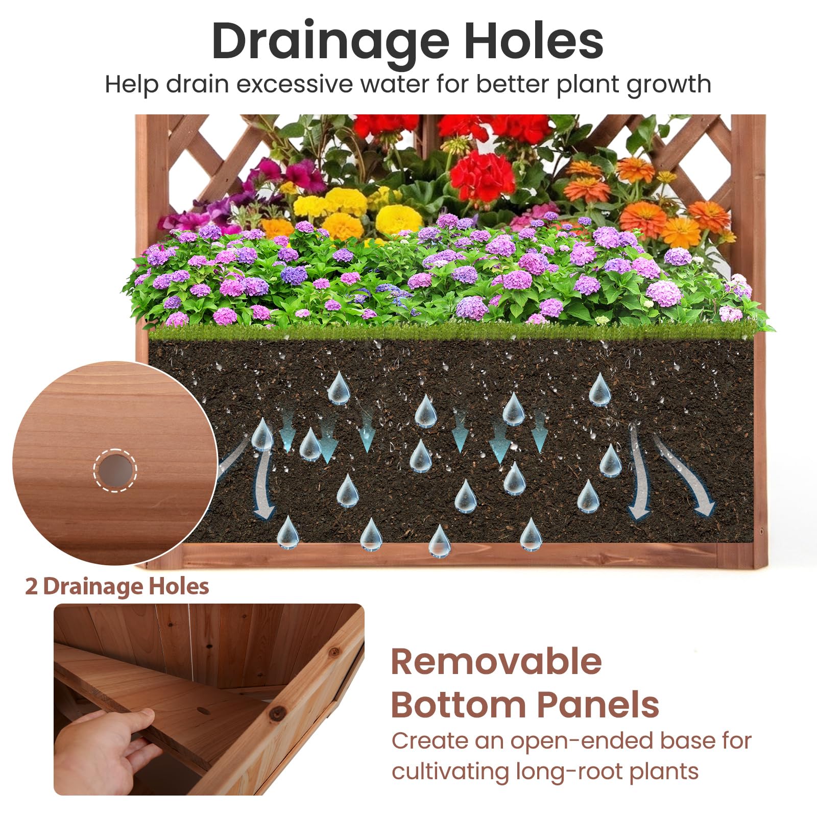 HOMASIS Macetero Elevado con espaldera, 140 cm, de Madera, con Drenaje, para balcón, jardín o terraza (Marrón Rojizo)