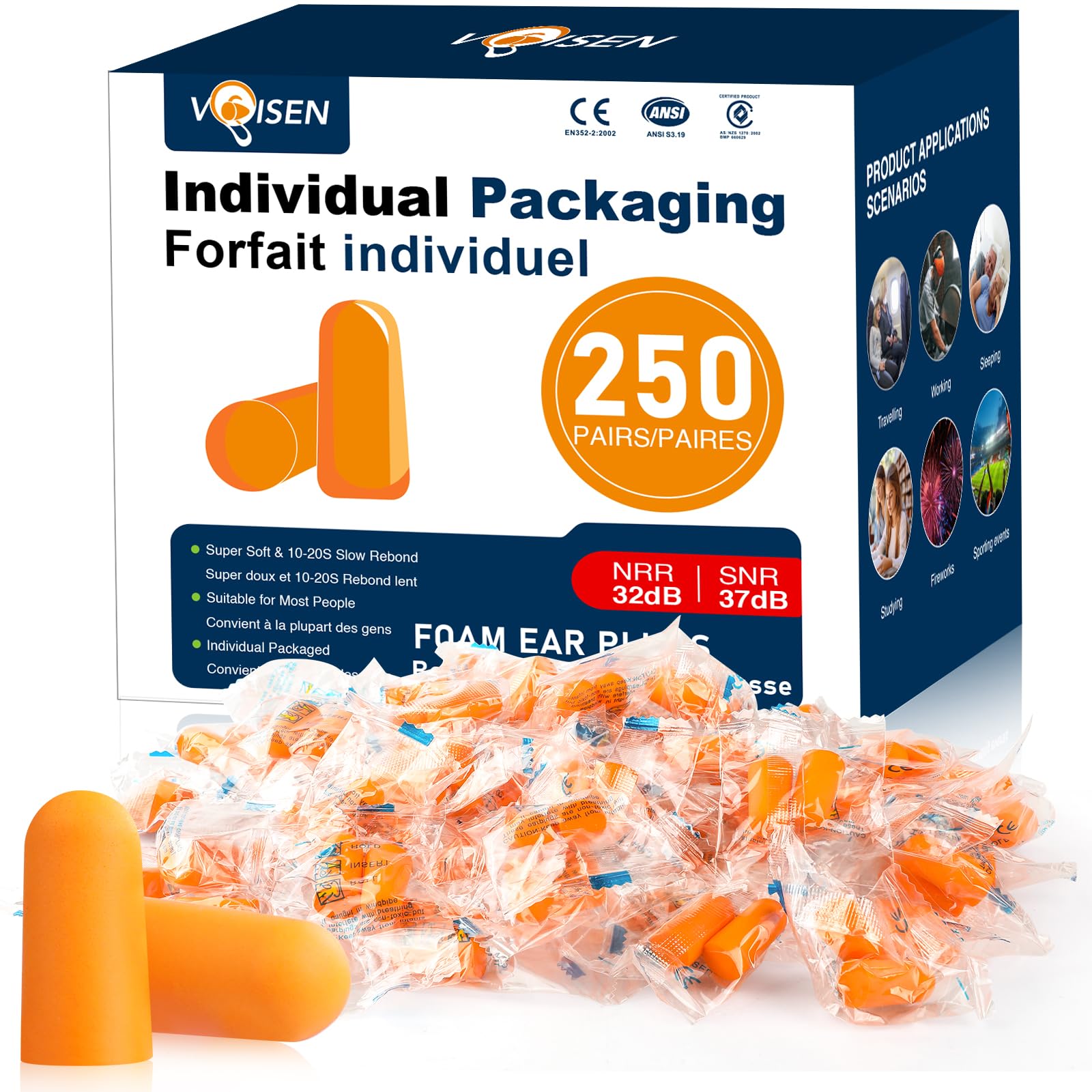 VOISENEar Plugs - 250 Pairs Noise Cancelling Ear Plugs for Sleeping, Snoring, Studying, Concerts & Traveling