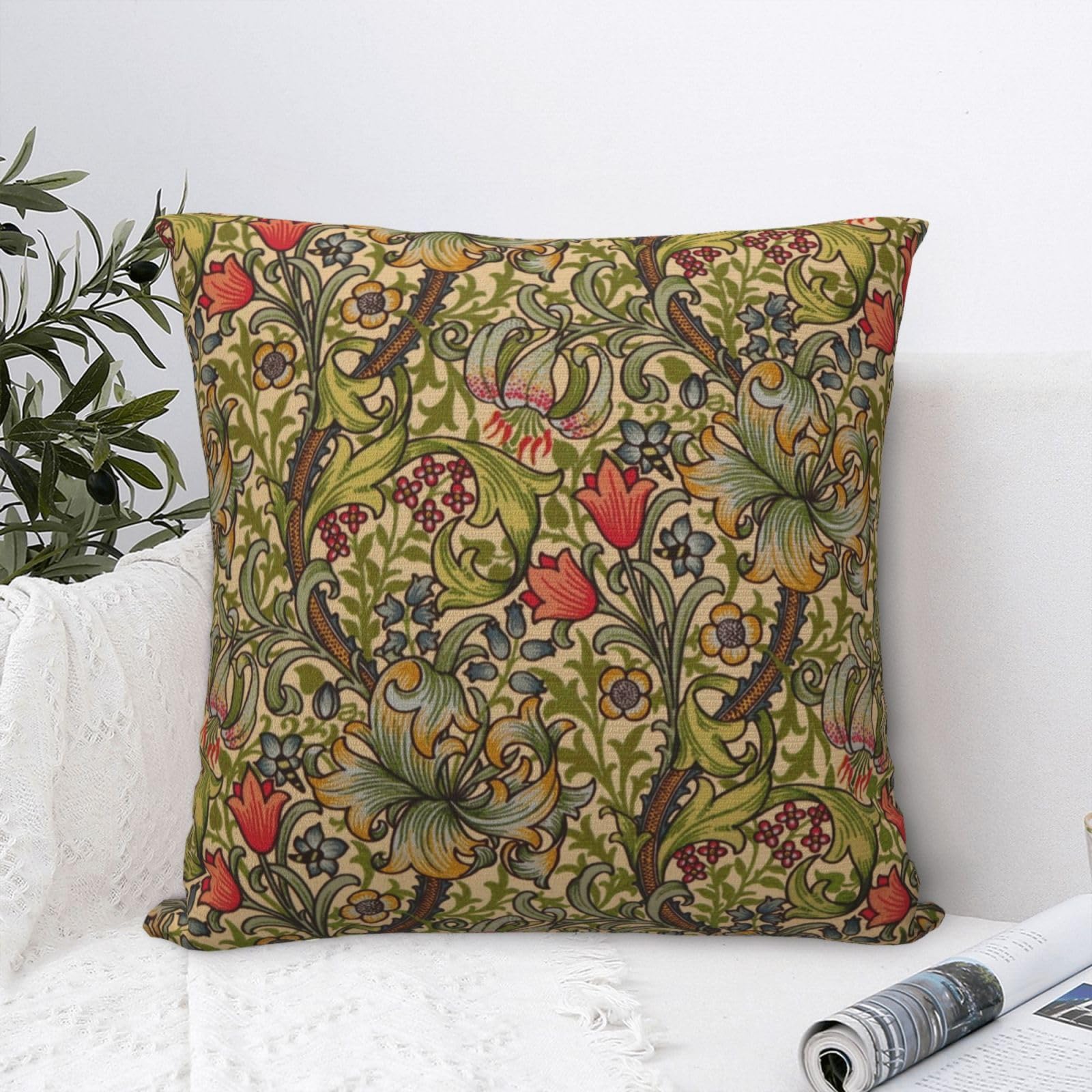 Dripglw Decorative Pillowcase, Design: William Morris, Green Forest Animals, Pheasant, 18"x18", Cozy, Soft