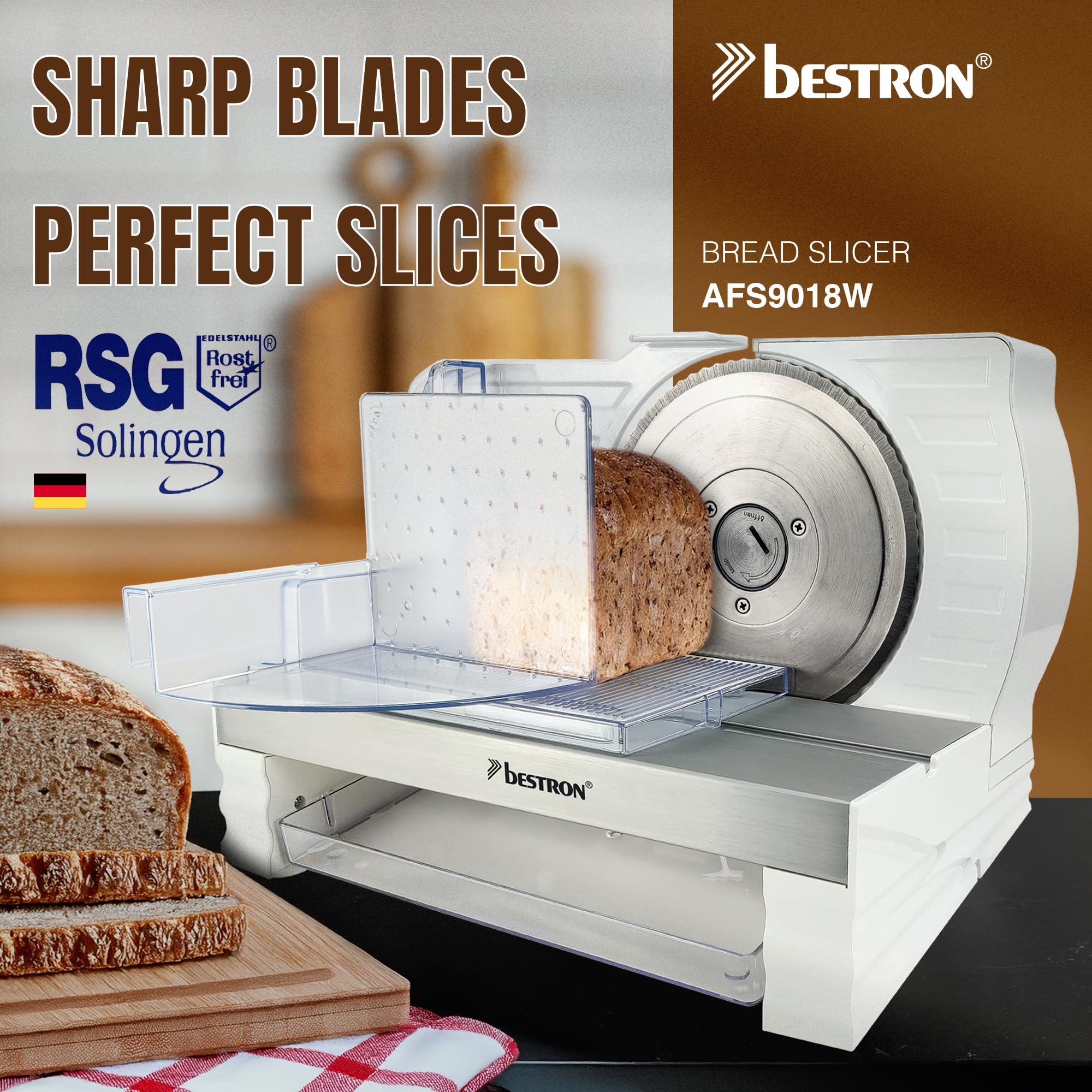 Bestron Krajalnica do chleba, z ostrzem ze stali nierdzewnej RSG – Made in Germany, bezstopniowa regulacja grubości cięcia 0-20 mm, uniwersalna krajalnica z przyciskiem zmiany do pracy automatycznej i