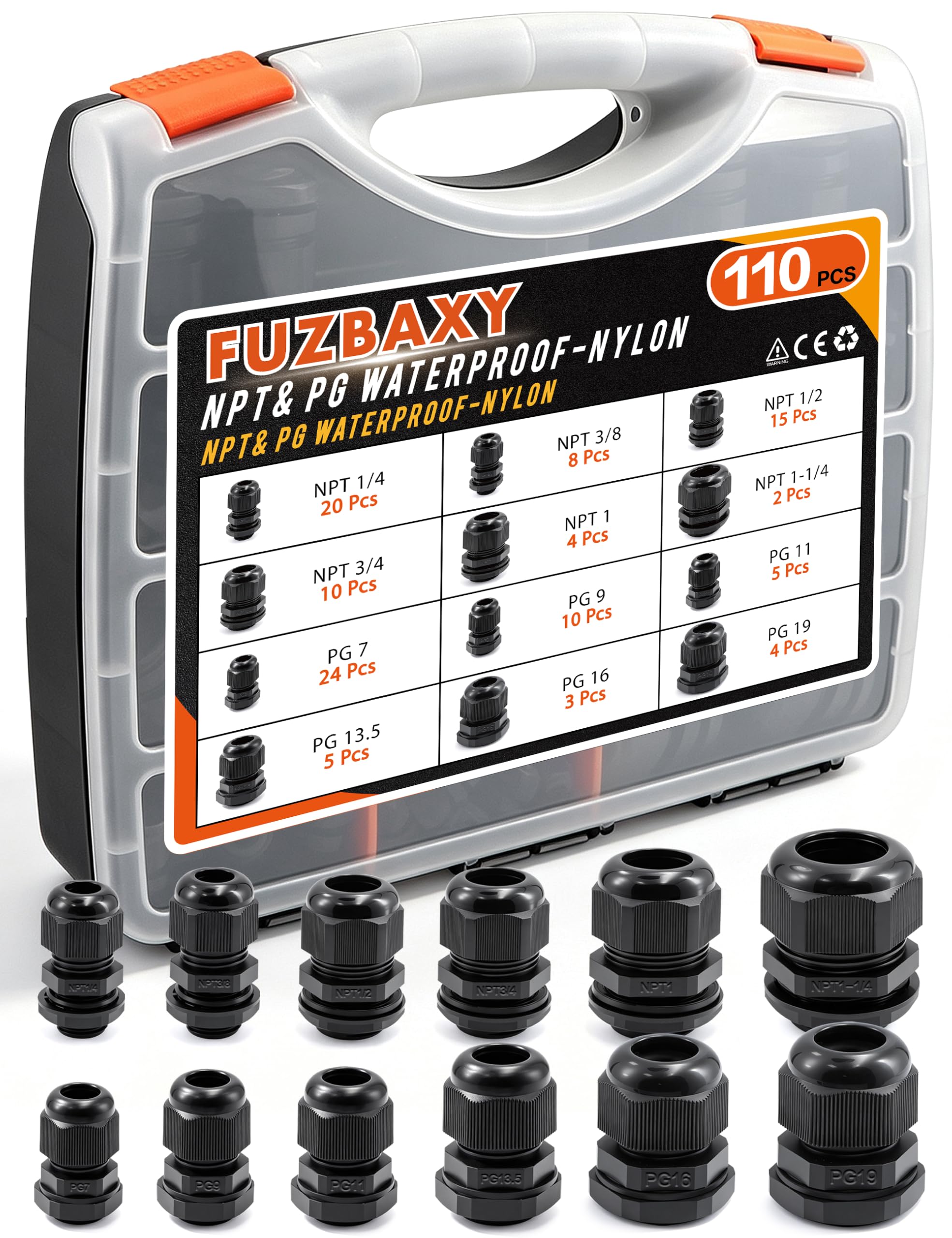 110PCS IP68 impermeabilizzano il corredo della ghiandola del cavo | Set di adattatori in nylon nero PA6 PG7-19 e NPT da 1/4 a NPT 1-1/4 con nastro in teflon per connessione di cavi impermeabili
