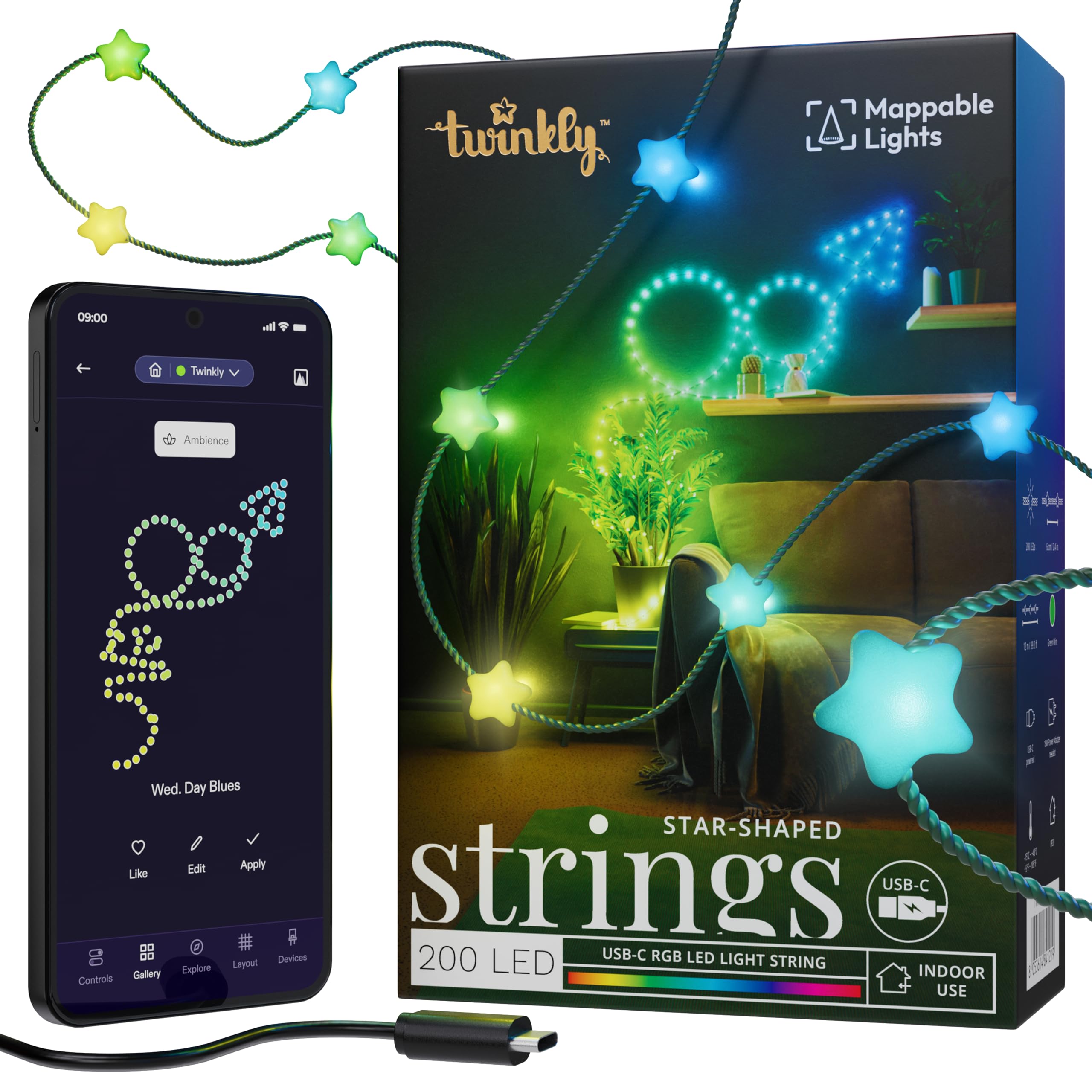 Twinkly Strings USB-C Star 200 LED, Star-shaped LED Light String, Christmas Lights, RGB Multicolor LED Lights, Mappable LEDs, Compatible with Alexa, Google Home, USB-C Power, Green Wire, 12m