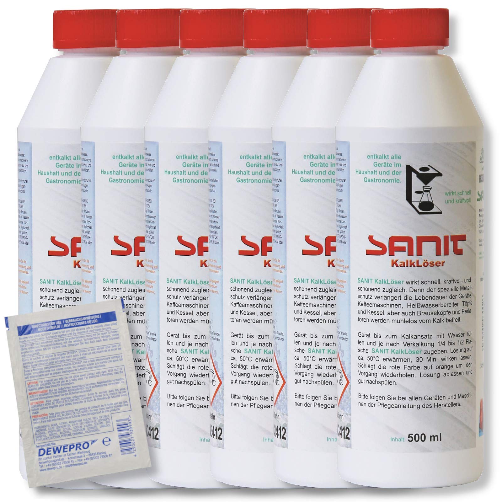 DEWEPRO-Set: SANIT - KalkLöser 3002-6 Flaschen à 500ml - der Entkalker für alle Geräte in Haushalt und Gastronomie, inkl. 1 St. DEWEPRO® Single Scrubs