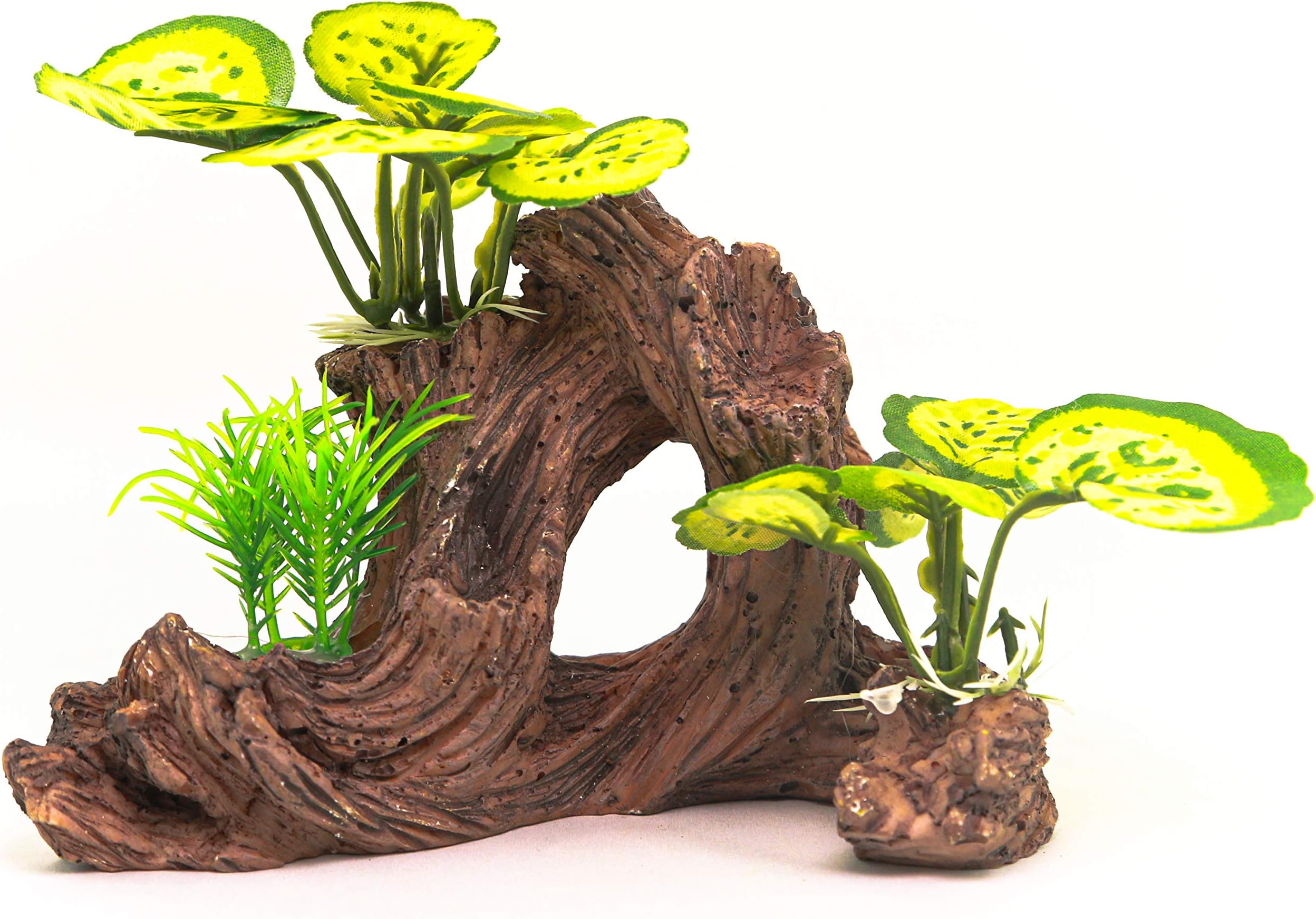 AQUA KT Aquarium Landscape Driftwood Tree Stump Branch Fish Hiding Rock with Plant Leaves for Betta Cichlid Goldfish Fish Tank Decoration