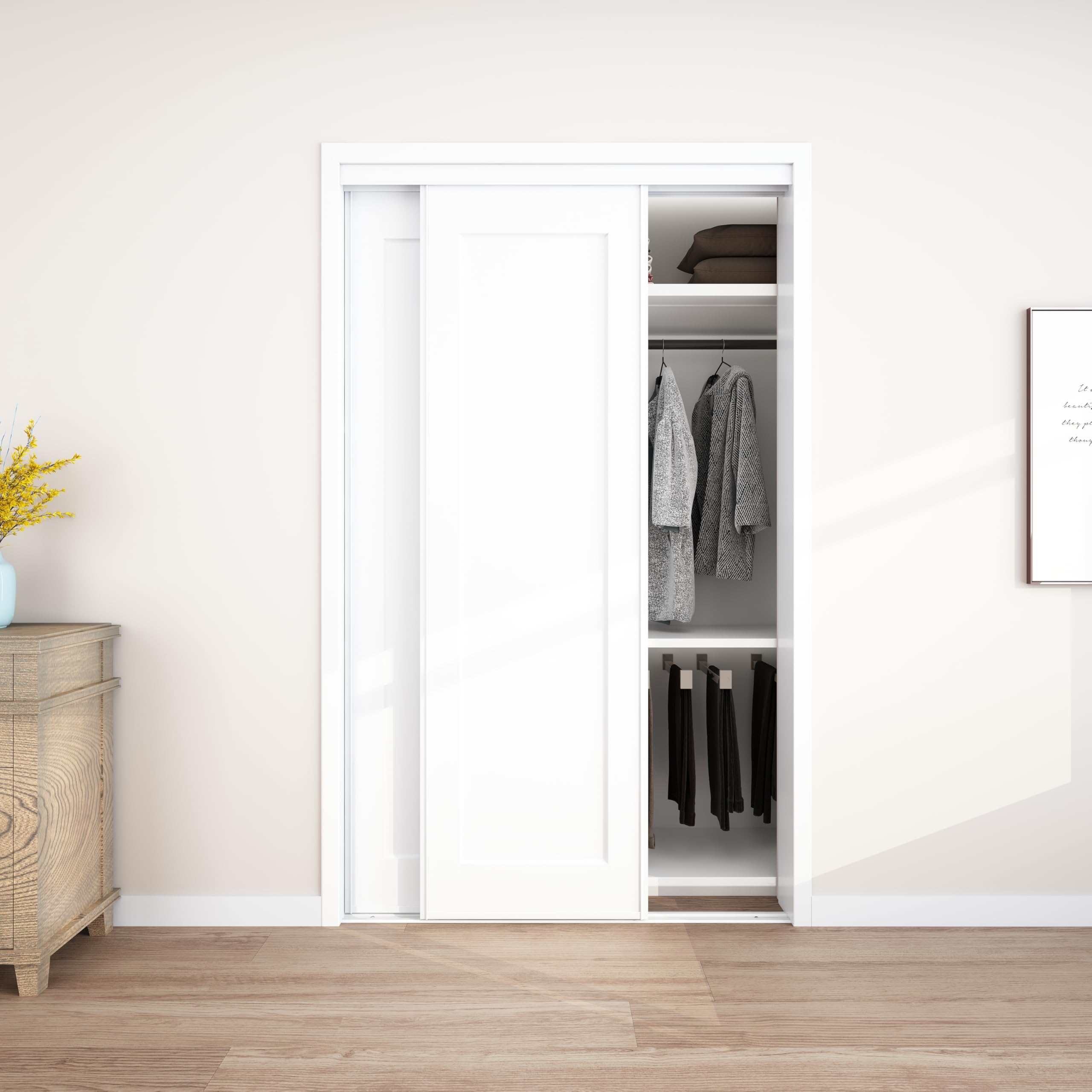 jubest sliding closet door 48"(double 25") x80", 1-panel steel frame bypass primed door with top & bottom track kits, preassembled hardboard panels with paintable surface, durable & sturdy