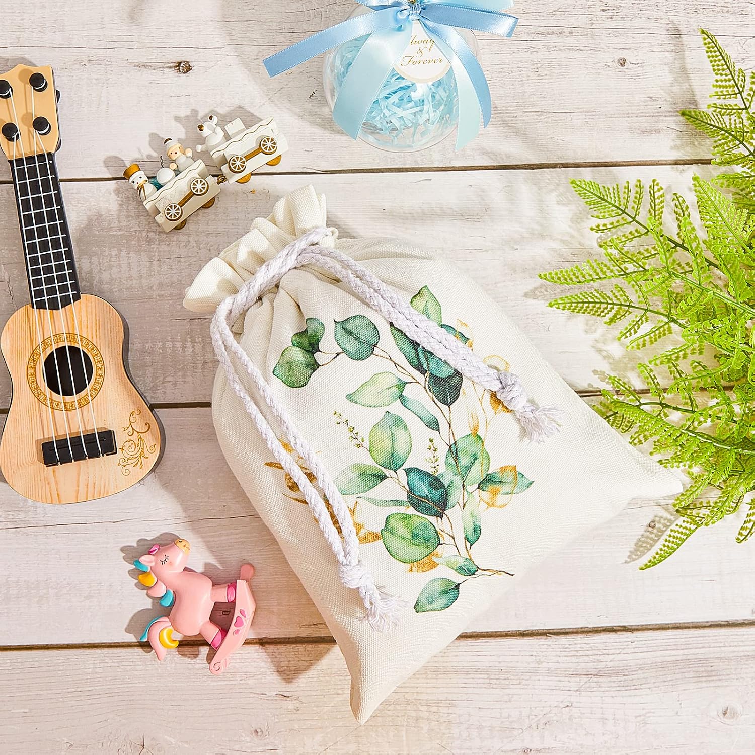 Tessco 2 Pcs Baby Shower Eucalyptus Gift Bags 20" Large 12" Small Drawstring Canvas Gift Bags Reusable Boho Greenery Fabric Wrap for Baby Shower Gender Reveal Birthday Party Favors