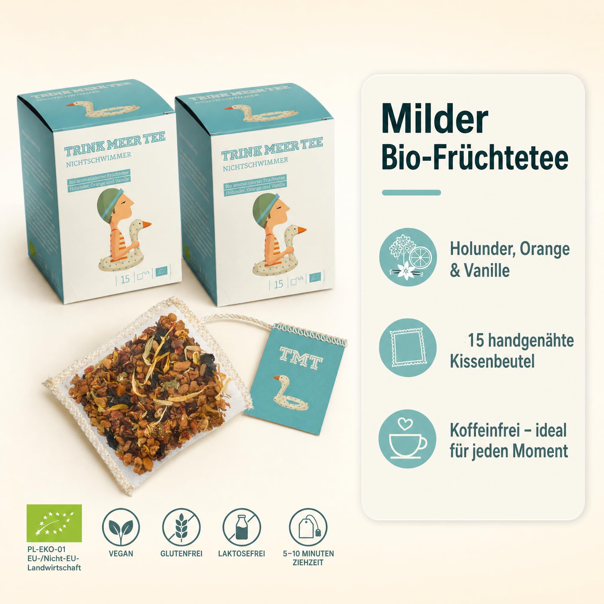 6 x Trink Meer Tee Früchtetee Nichtschwimmer, aromatisiert mit Holunder, Orange und Vanille, handgenähte Kissenbeutel, koffeinfrei, vegan und glutenfrei, zertifiziert, 30 Kissenteebeutel