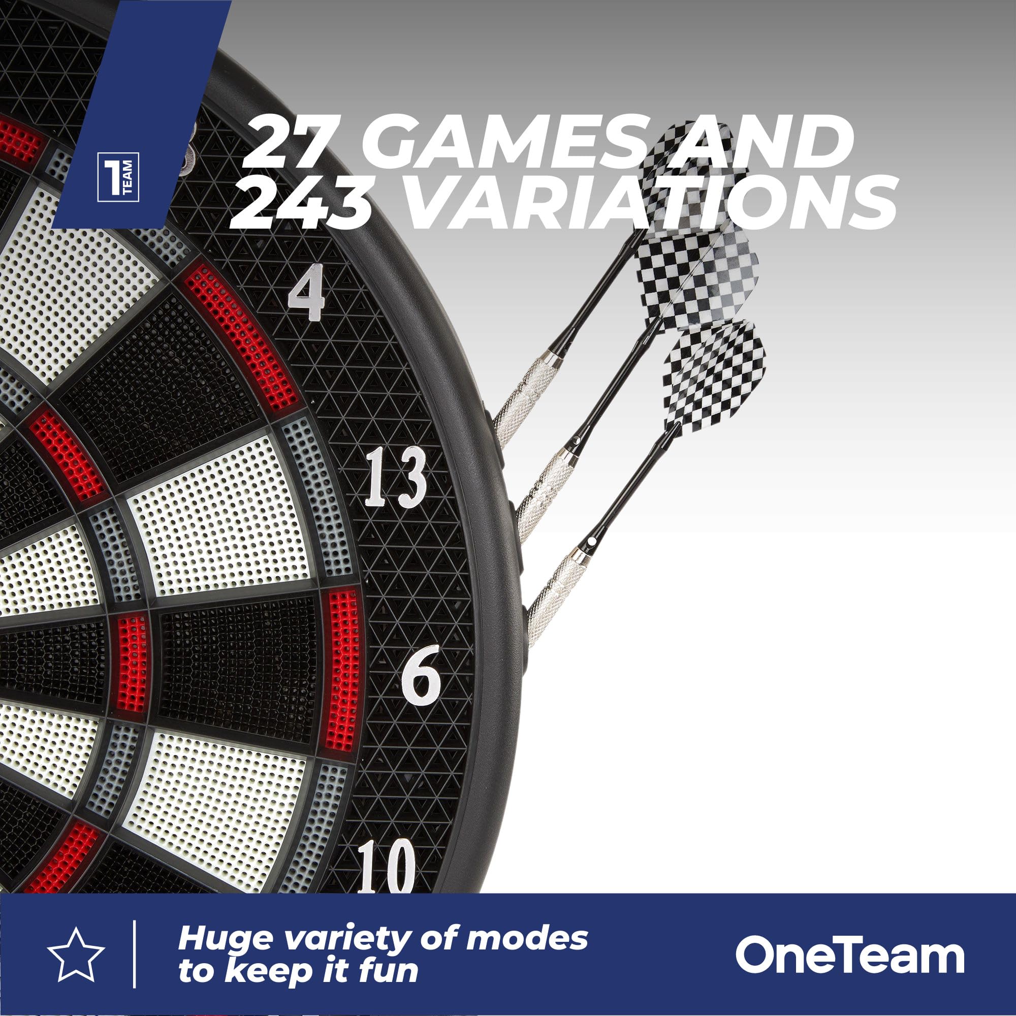 OneTeam TargetJoy Bersaglio elettronico da 35 cm, 27 giochi/243 varianti, 4 indicatori LED, 16 giocatori, funzionamento a rete/batteria, 24 punte per freccette, Master in/out, modalità audio