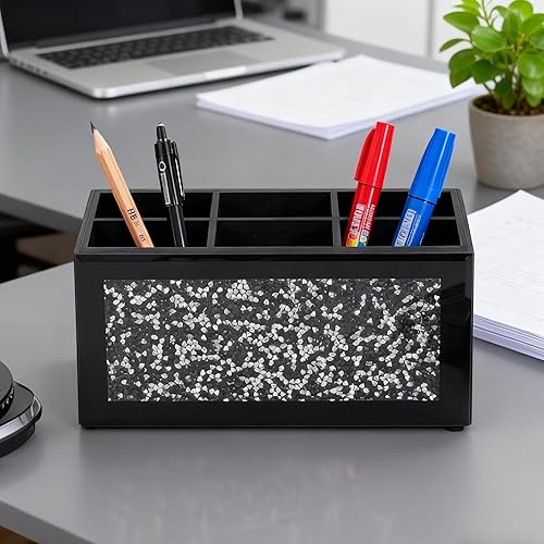 Miniatura 6 de SHYFOY Soporte para control remoto con 6 compartimentos, organizador de escritorio de vidrio negro, diseño de detalles de cristal, 4.3 x 8.3 x 4