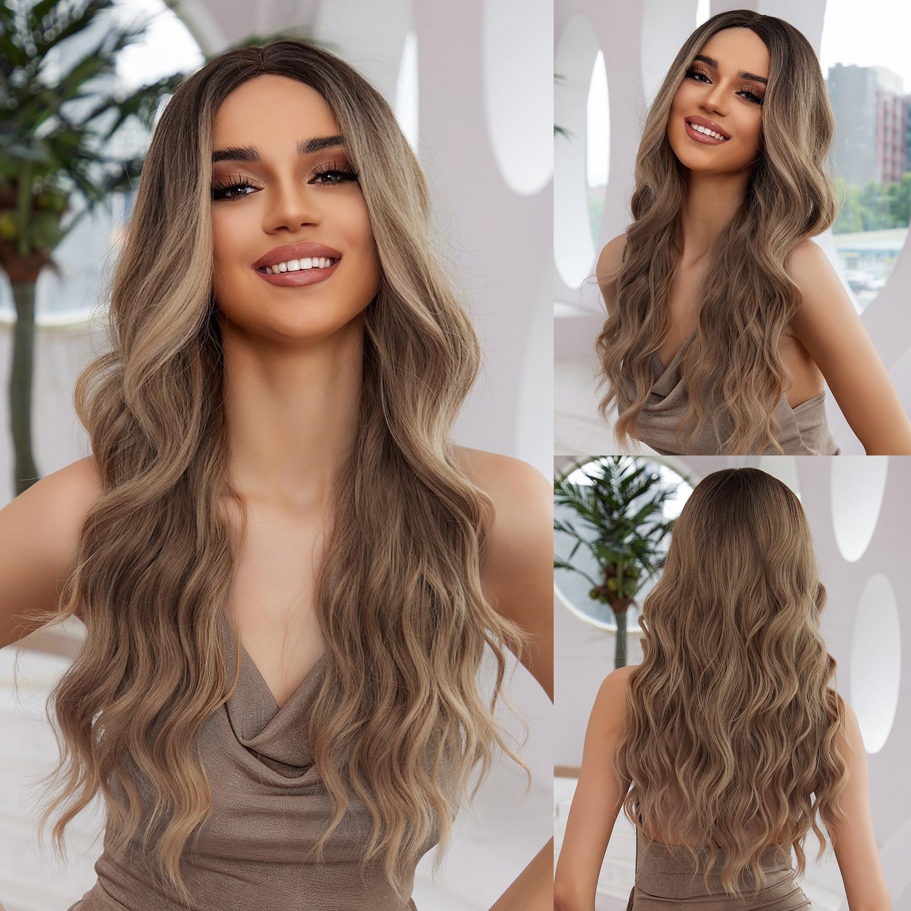OMELPIS Light Brown Wig for Women Natural Long Ombre Brown Wigs Dark Roots Middle Part Heat Resistant Synthetic Fiber Curly Hair for Daily Dating Family Gathering Party Travel 66cm Light Brown 66 cm