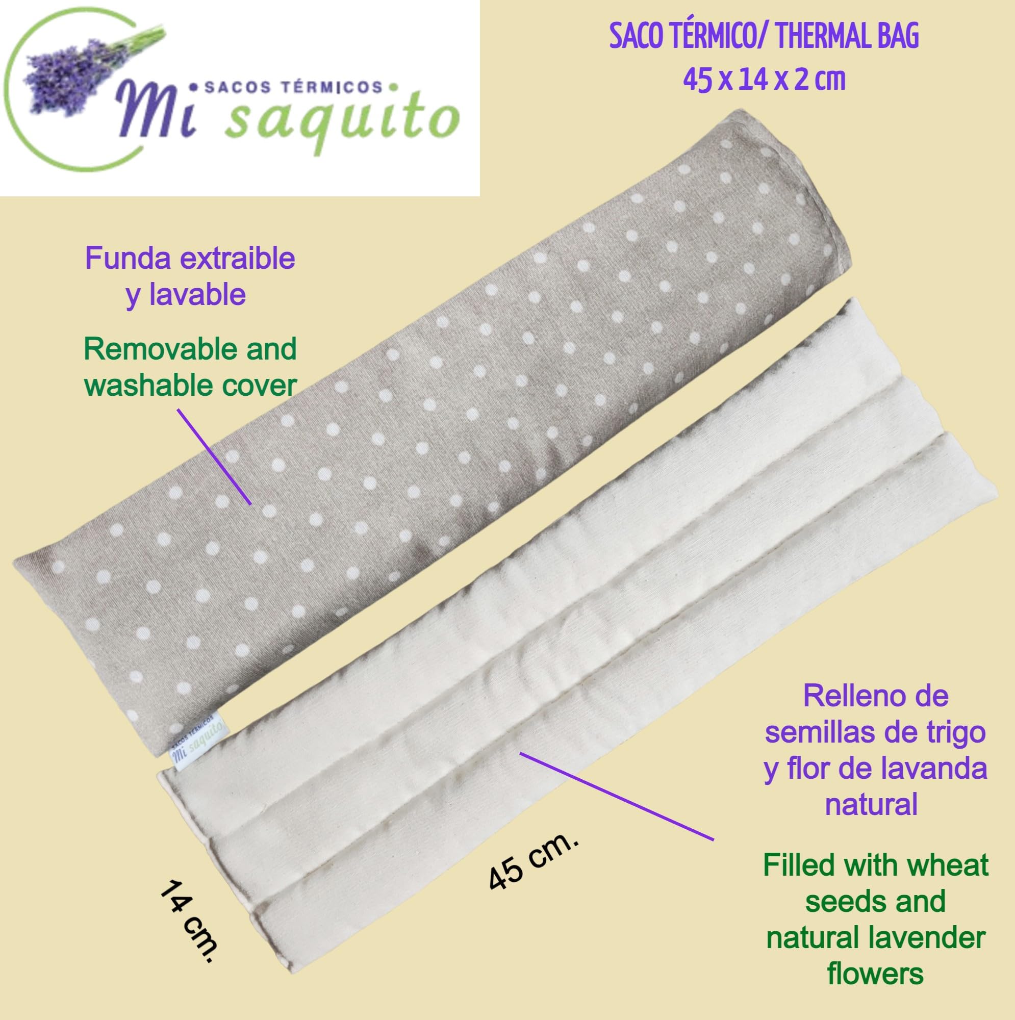 Saco de Semillas para Microondas 45x14 cm con Funda Lavable Extraíble–Saquito Térmico Cervical con Lavanda–Bolsa Térmica de Calor y Frío–Saco Térmico Cervical-Almohadilla Térmica Menstrual (LUNARES)