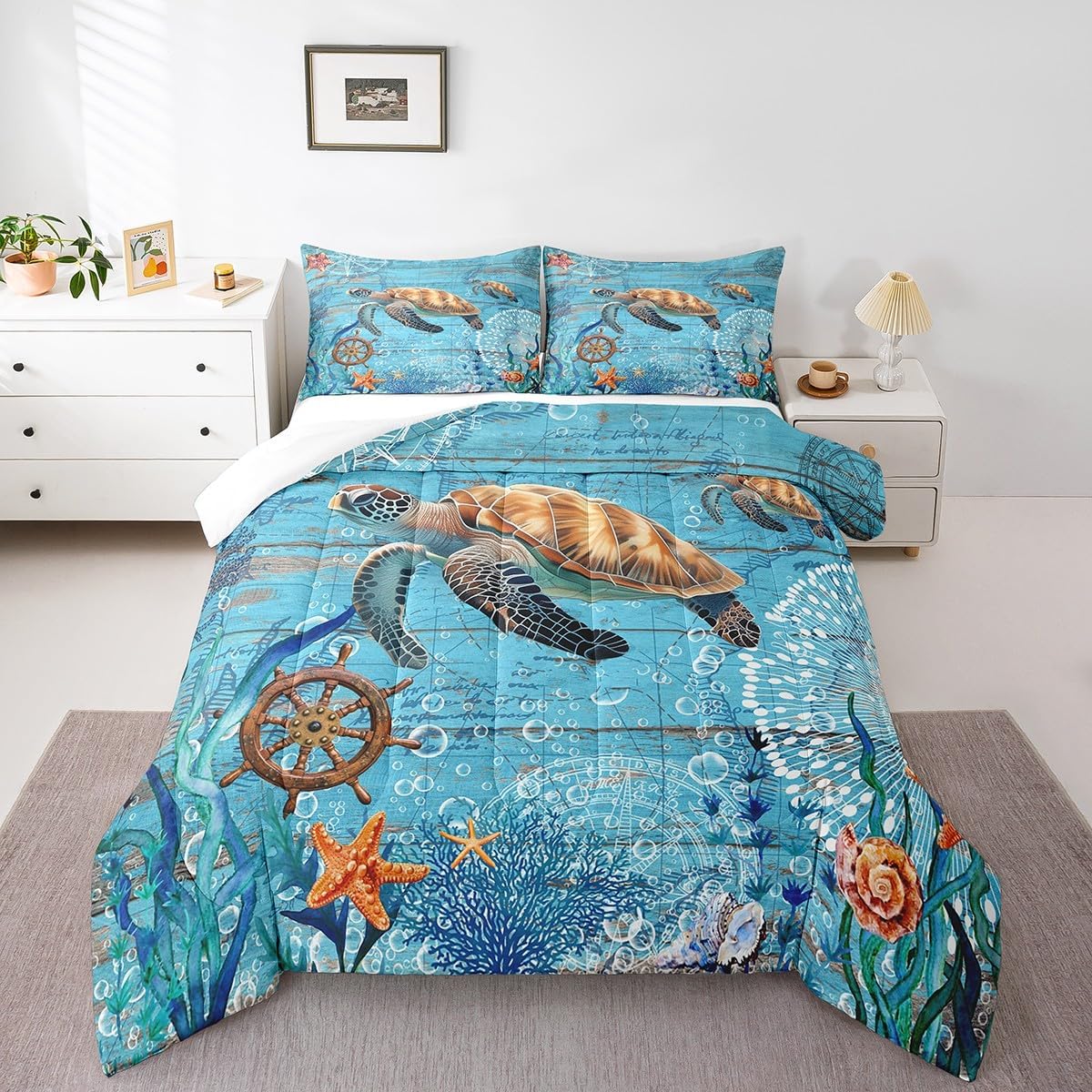 Sea Turtle Full Size Comforter Set,Navigation Route Bedding Set for Adults Teens,Children Starfish Coral Comforter Luxury Compass Rudder Quilt Set Room Decor 3Pcs