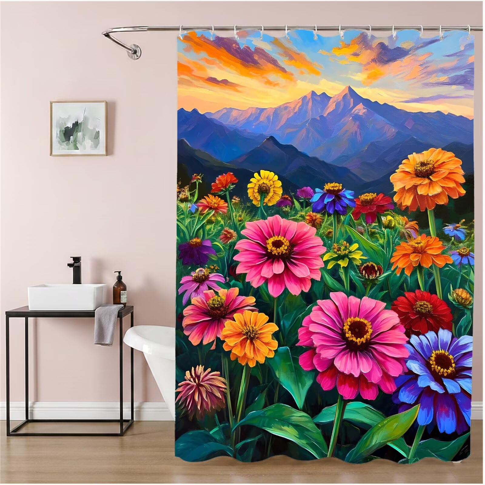 Duschvorhang 180x220 cm Blume Shower Curtains Berg mit Gewicht und 12 Plastik Haken, Anti Schimmel Wasserdicht, Waschbar Schnelltrocknender Polyester Stoff, Dekorative Vorhang für Bad Badewanne 6H-265