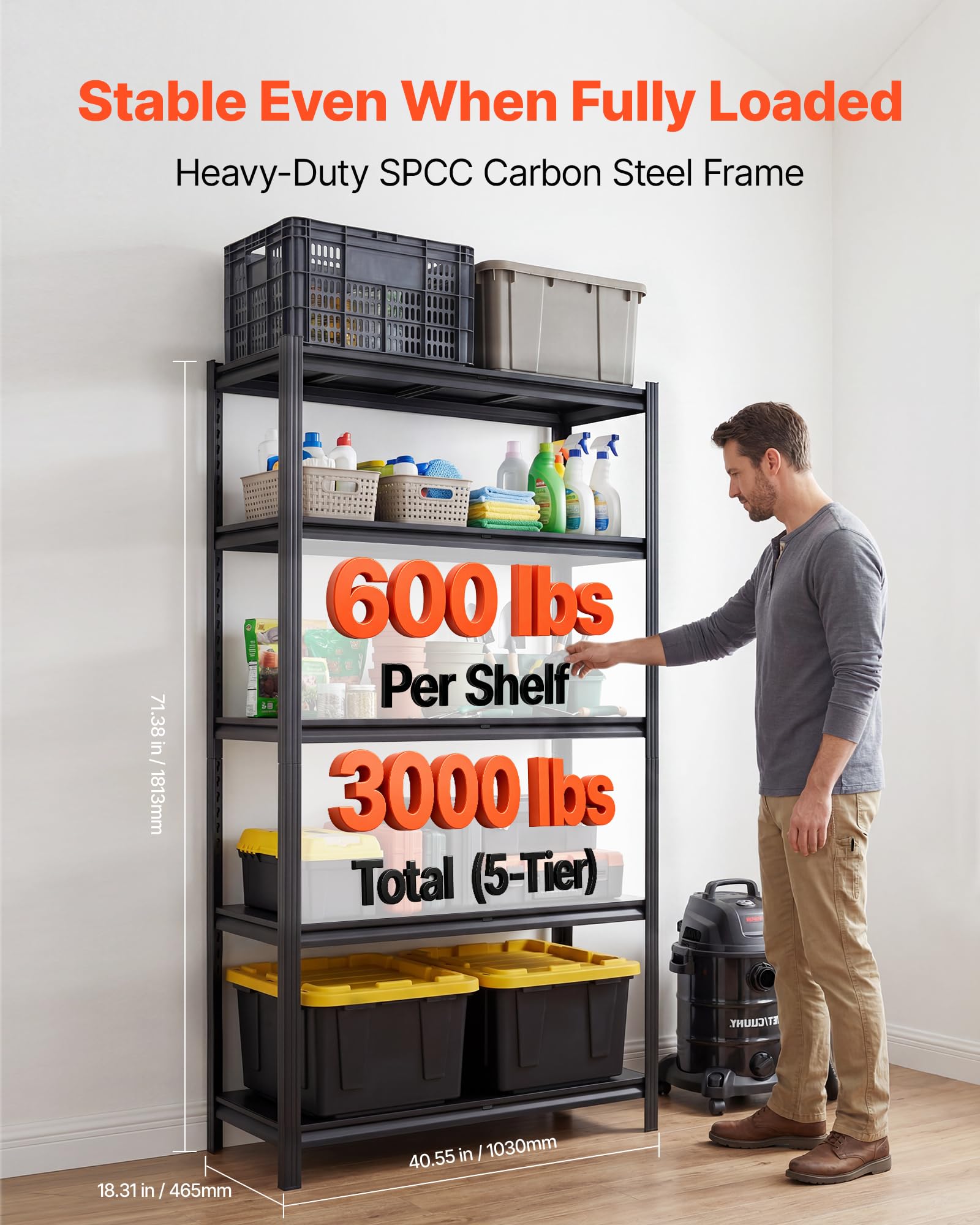VEVOR Scaffale per Garage in Metallo 5 Ripiani Regolabili Capacità 1360,8kg, Scaffale da Stoccaggio per Carichi Pesanti, per Dispensa, Magazzino, Cantina e Cucina, 103 cm L x 46,5 cm P x 181,3 cm A