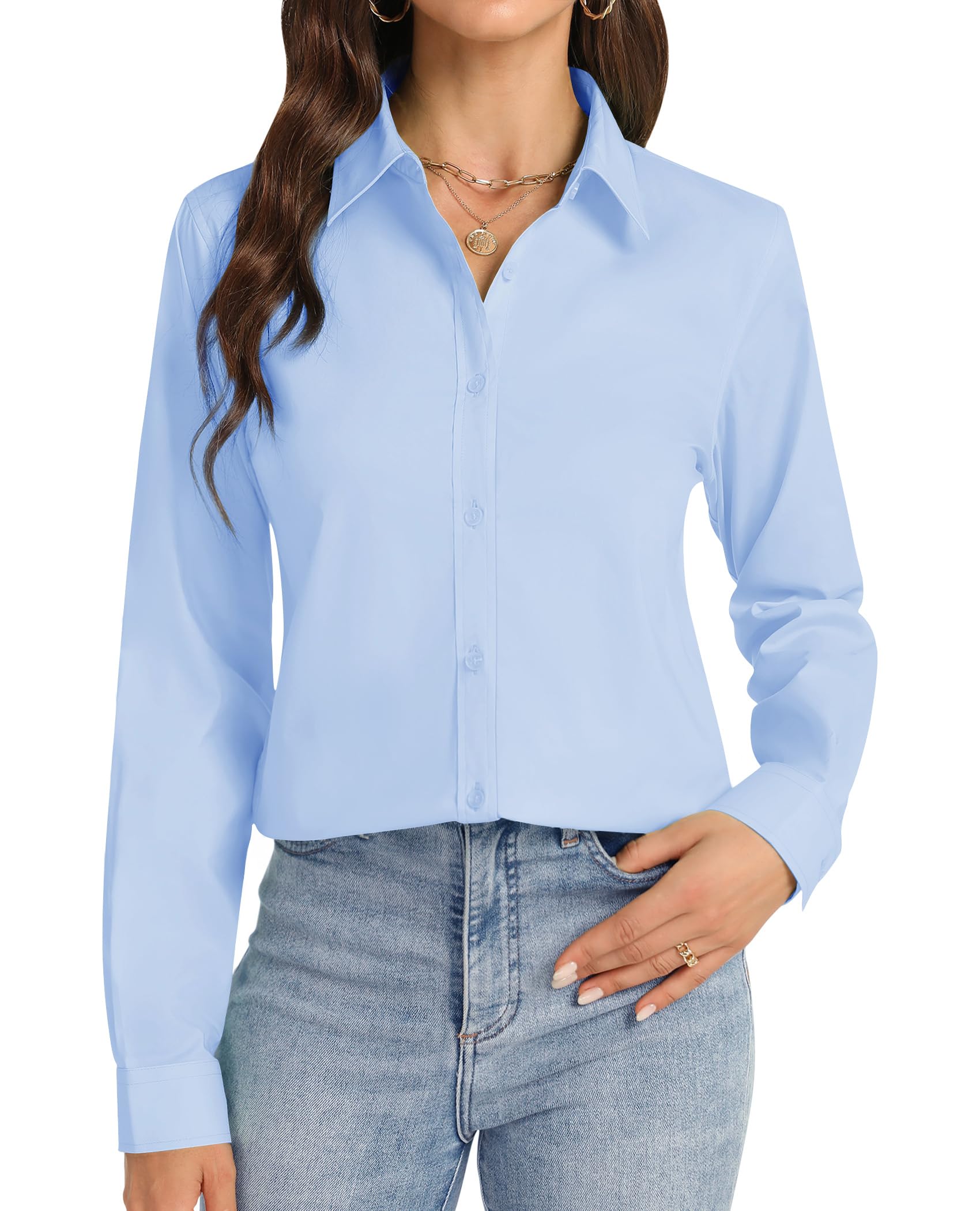 J.VER Button Down Shirts for Women Stretch Collared Cotton Long Sleeve Dress Shirt Business Casual Blouse for Work, Light Blue, XL