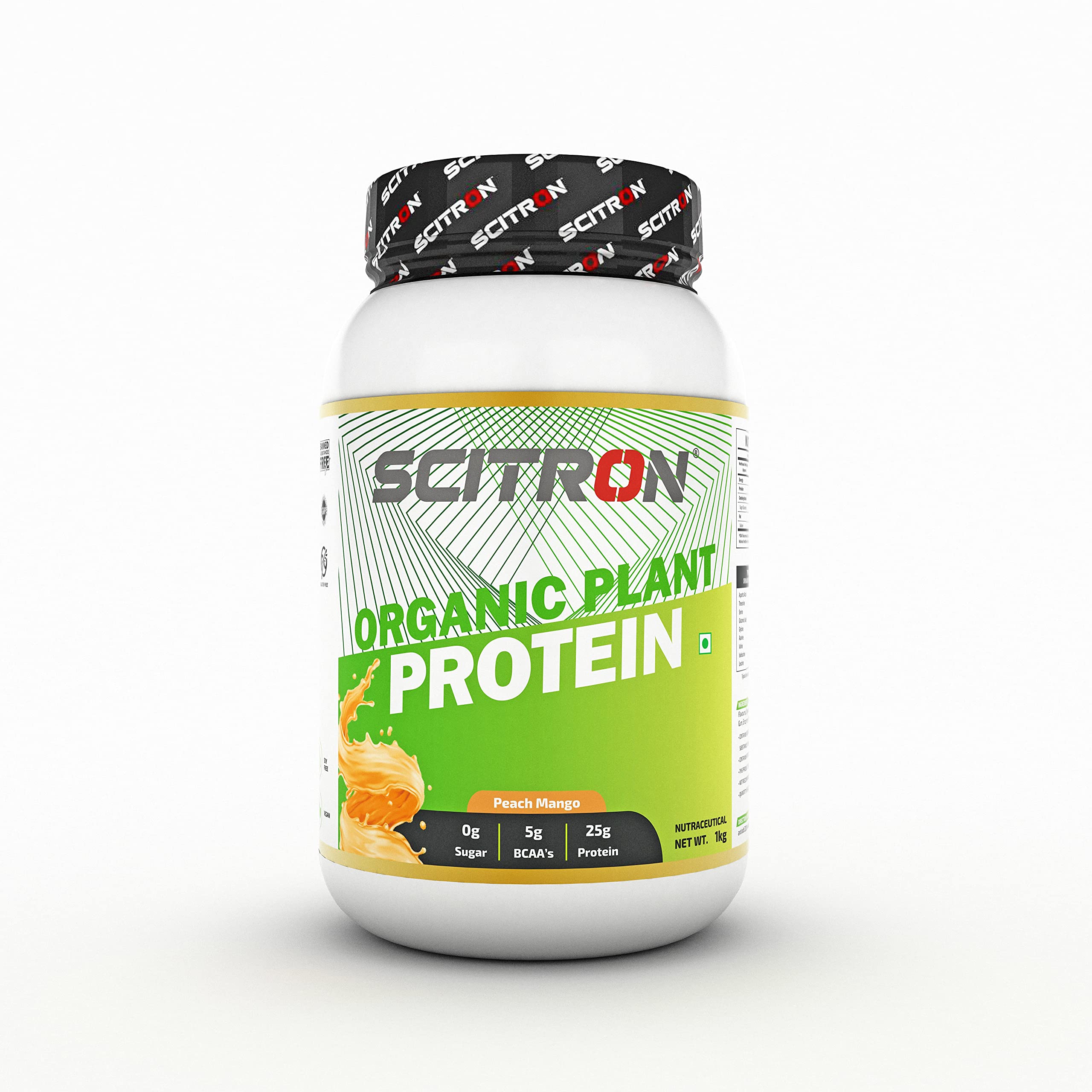 Scitron Organic Plant Protein 1kg Peach Mango (32 Servings, 25g Protein, 5g BCAAs, 0g Sugar)