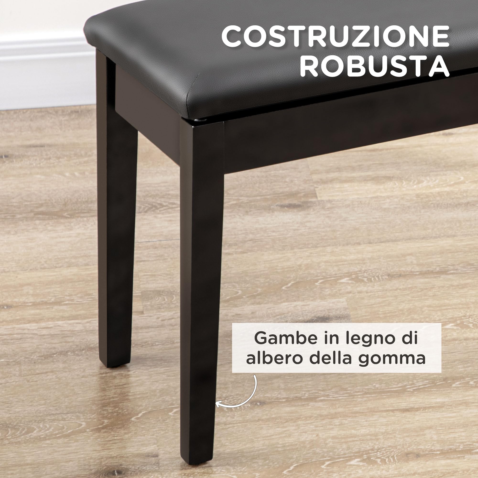 HOMCOM Panca per pianoforte Sgabello da pianoforte Panca con seduta imbottita Gambe in legno massello rivestimento sintetico - Nero