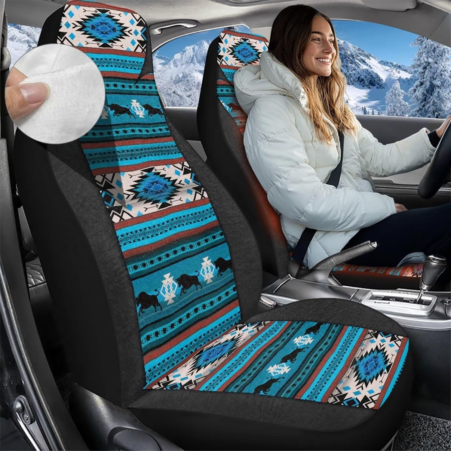 Bulopur Fluffy Car Seat Covers 2 PC Aztec Navajo Automotive Front Bucket Seat Cover Blue Soft Comfy Vehicle Interior Cushion Covers for Highback Seats