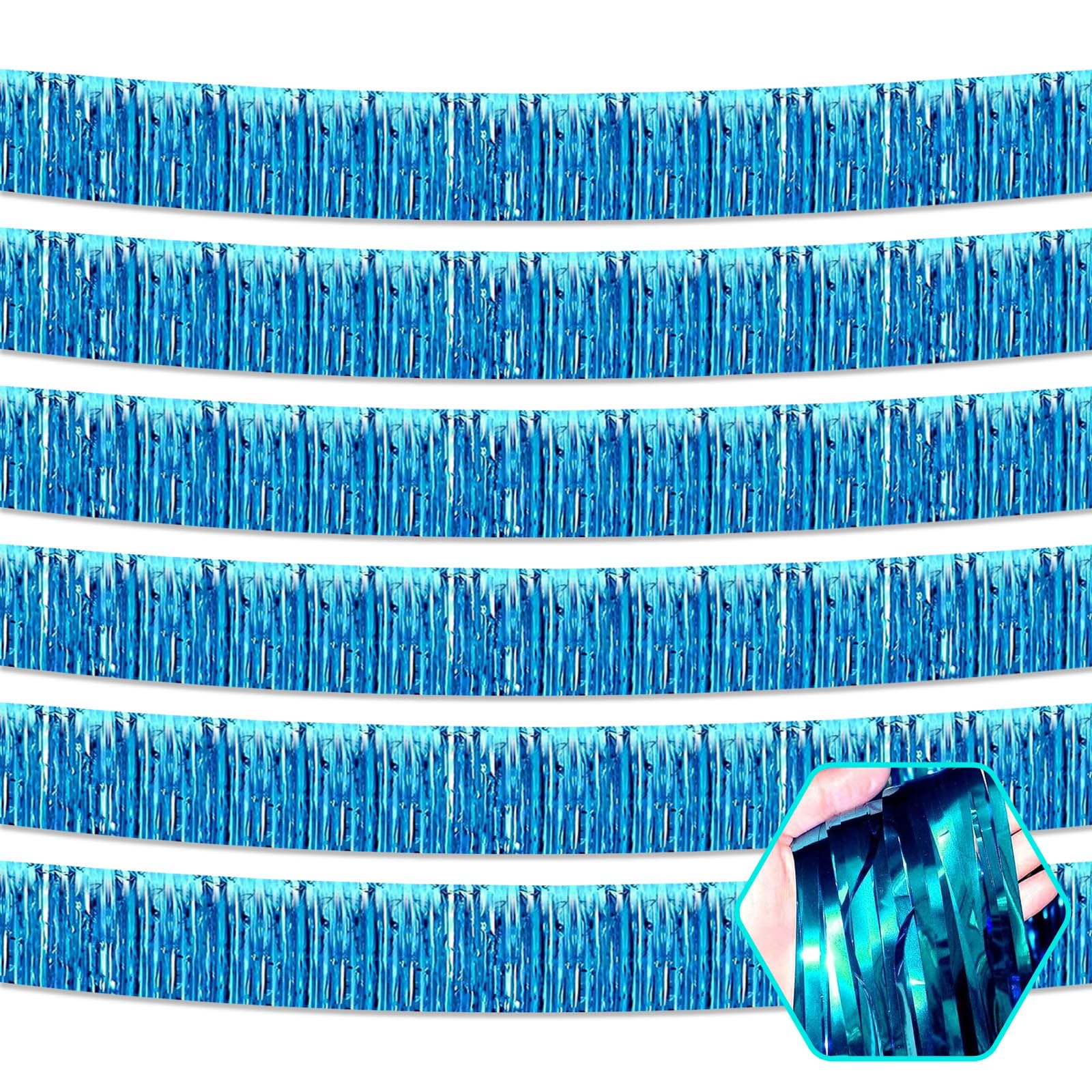 6 Pack 10 Feet Lake Blue Foil Fringe Garland Metallic Tinsel Streamers Banner Wall Hanging Curtain Backdrop for Parade Floats, Birthday, Graduate, Mother's Day, Wedding Party Decoration