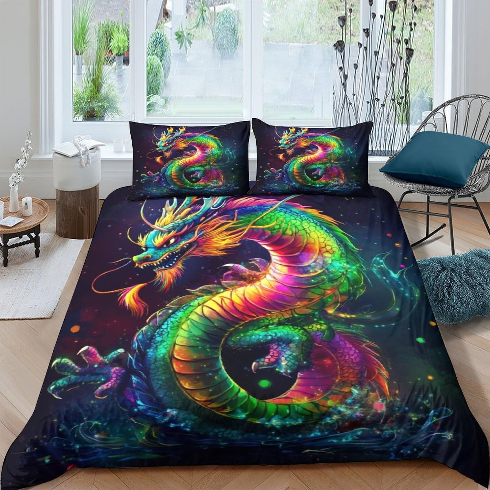 Ctjqhvkz Style-4 3D Printed Neon Dragon Fitted Sheet Microfiber Soft Vibrant Fantasy Mattress Cover Bedroom Decor Anti-Slip Washable Single（135X200cm）