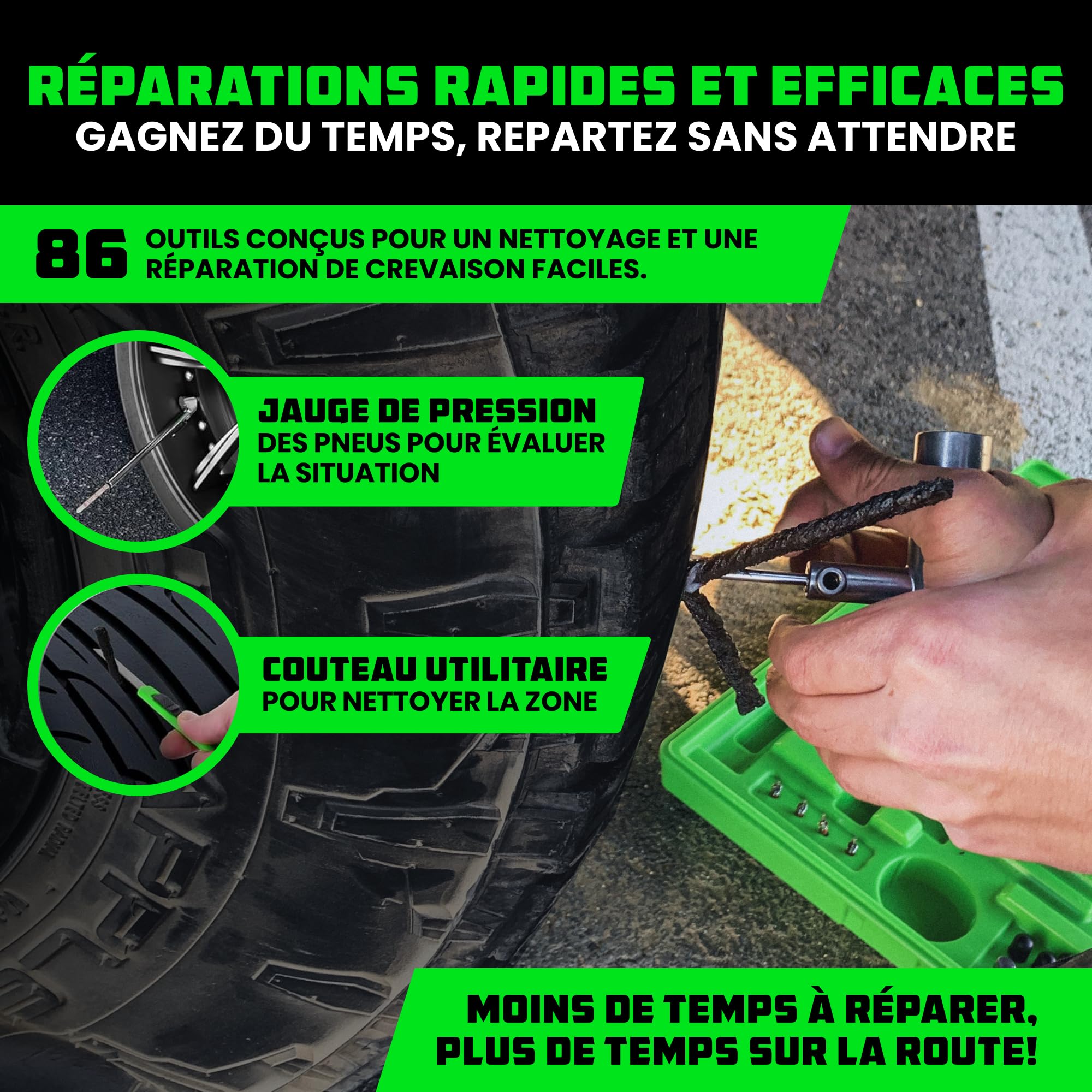 Rhino USA Kit de Réparation de Pneus (86 pièces) Kit Professionnel pour réparer crevaisons & rustines tubeless – Outils complets pour Voiture, Moto, Quad, UTV, Camping-Car et remorque