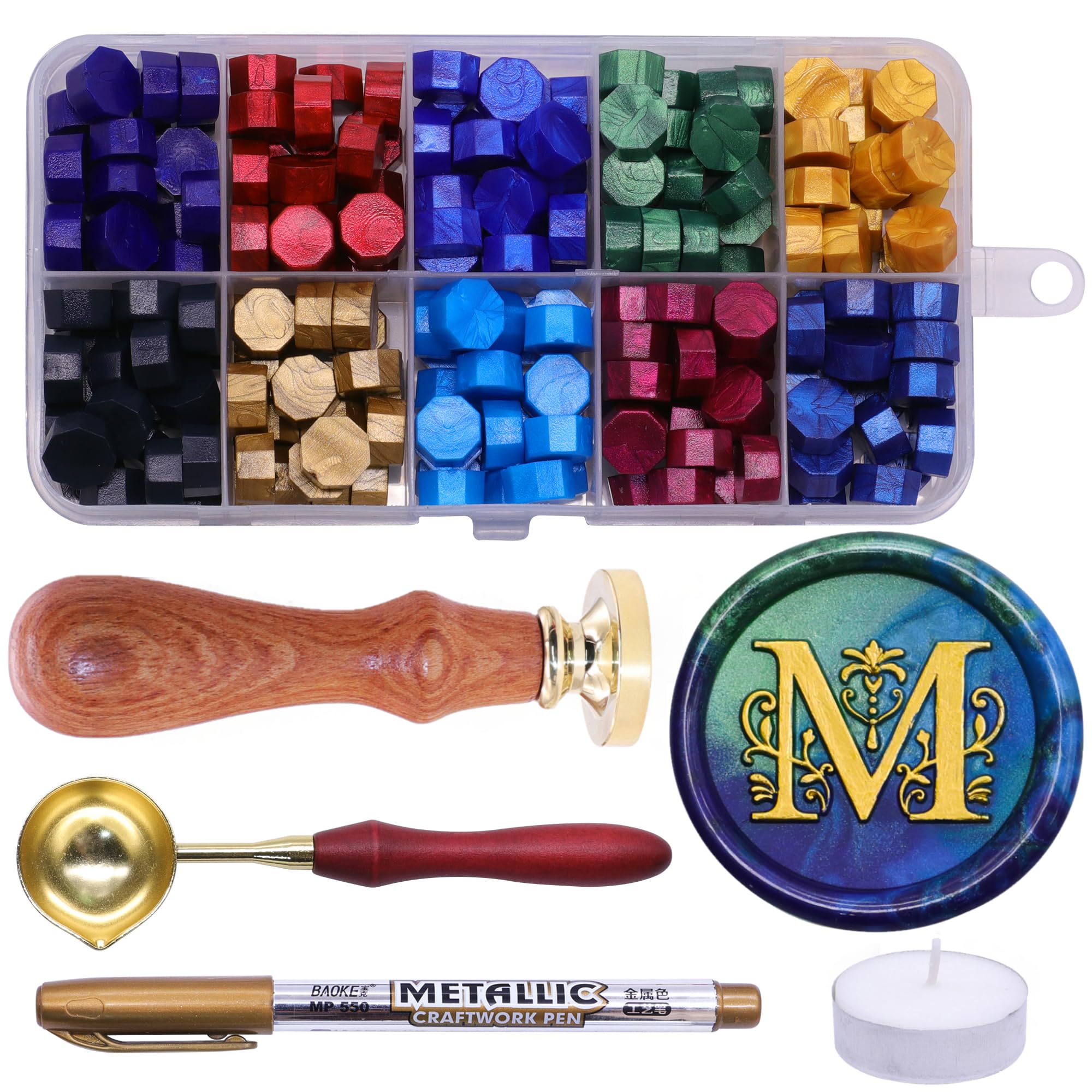 SWANGSA Initial Alphabet M Wax Seal Stamp Kit, Classic Retro Letter Sealing Stamp with 200pcs Sealing Wax Beads Kit for Wedding Invitations Cards Envelopes (M)