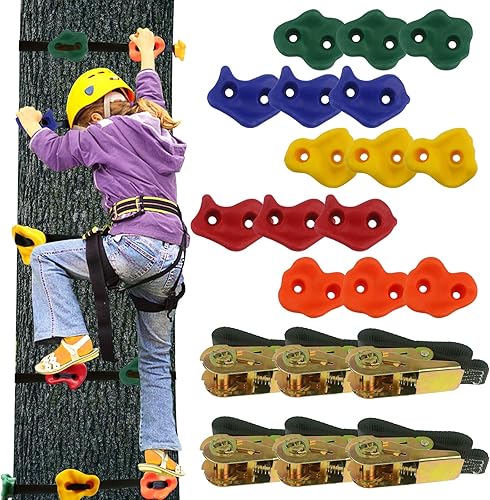 Ogrmar Paquete de 15 kits de escalada en roca de Ninja Tree con 6 correas de trinquete para niños y adultos al aire libre patio trasero Ninja Tree