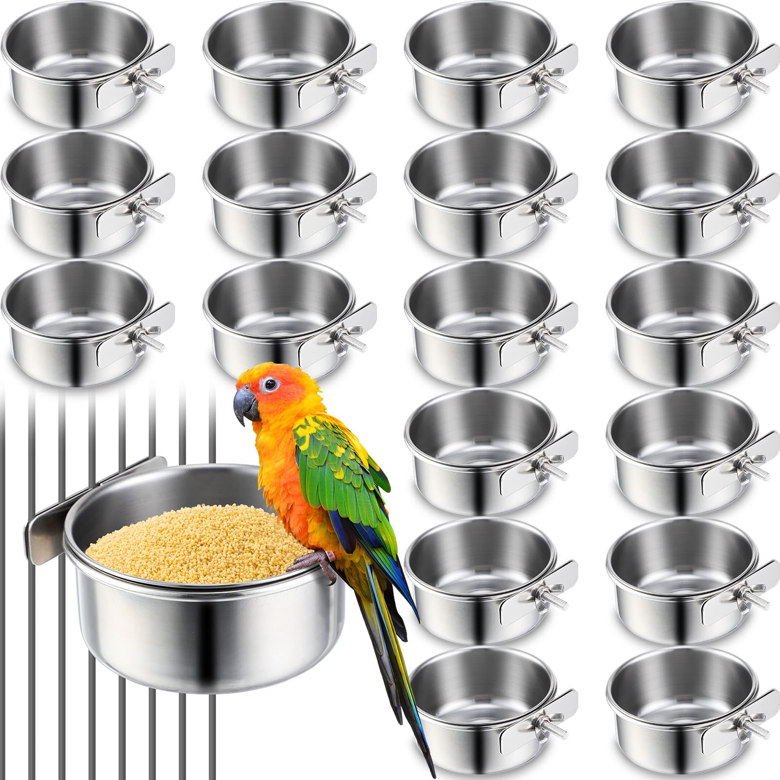 Ziliny 24 Pcs Stainless Steel Parrot Food Bowls Bulk 10 oz Bird Feeding Dish Cups for Cages Bird Bowls with Clamp Pet Water Feeders Cage Accessories for Parakeet Parrot Budgie Rabbit Chicken