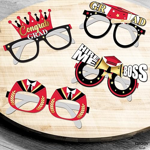 Vista 23 de KatchOn, Gafas de graduación rojas 2025 – Brillantina, paquete de 12 Accesorios para cabina de fotos de graduación 2025 para decoraciones de Grado