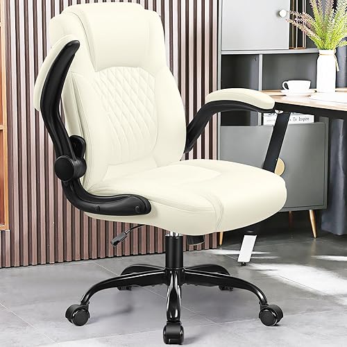 Miniatura 2 de Silla de cuero PU con soporte ergonómico lumbar, gira 360, pequeña, ruedas, reposabrazos ajustables, para gente chaparra, para escritorio,