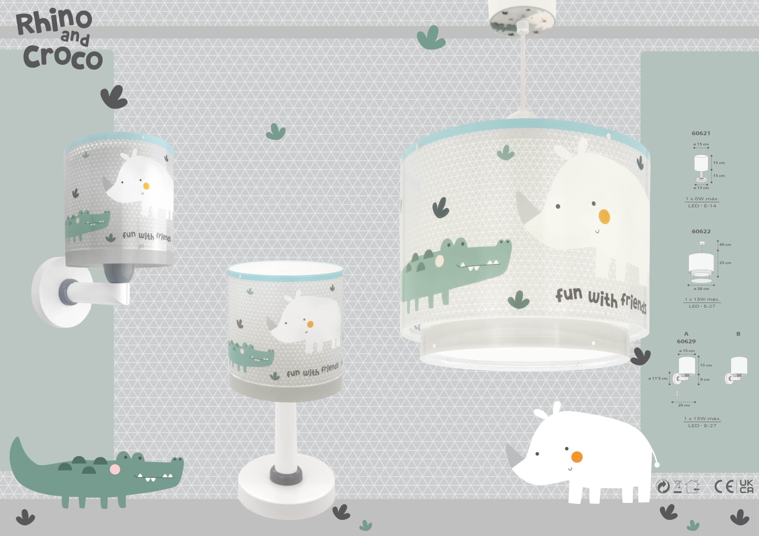 Dalber Lámpara De Techo Colgante Infantil Rhino & Croco Rinoceronte y Cocodrilo