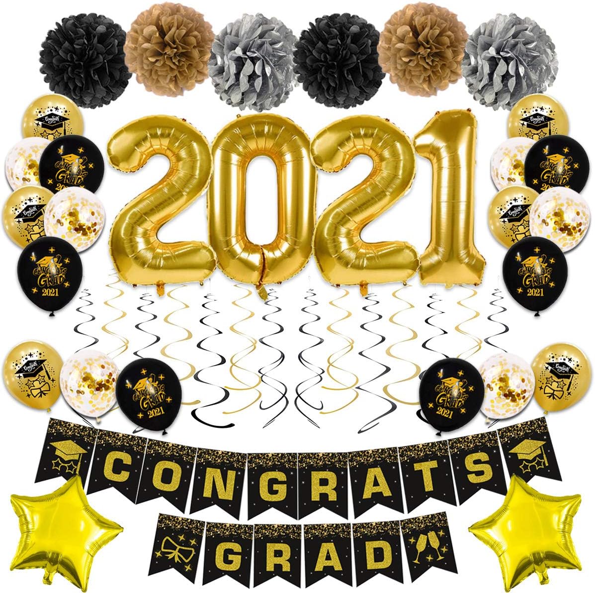 2021 Graduation Decorations , Graduation Party Supplies with Congrats Grad Banner Graduation Balloons 2021 Tissue Pom Poms Graduation Gifts for Her/Him: Toys & Games