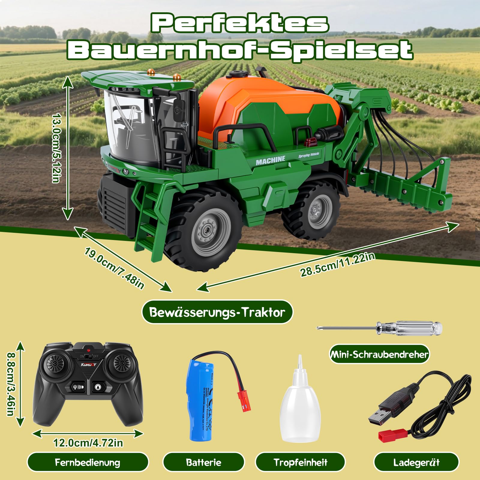 Ulikey Ferngesteuerter Traktor, RC Spritzen Fahrzeug Kindertraktor, Trecker Spielzeug mit Anhänger, Licht und Ton, Bauernhof LKW Spielzeug Geschenk für Kinder ab 4 5 6 Jahre