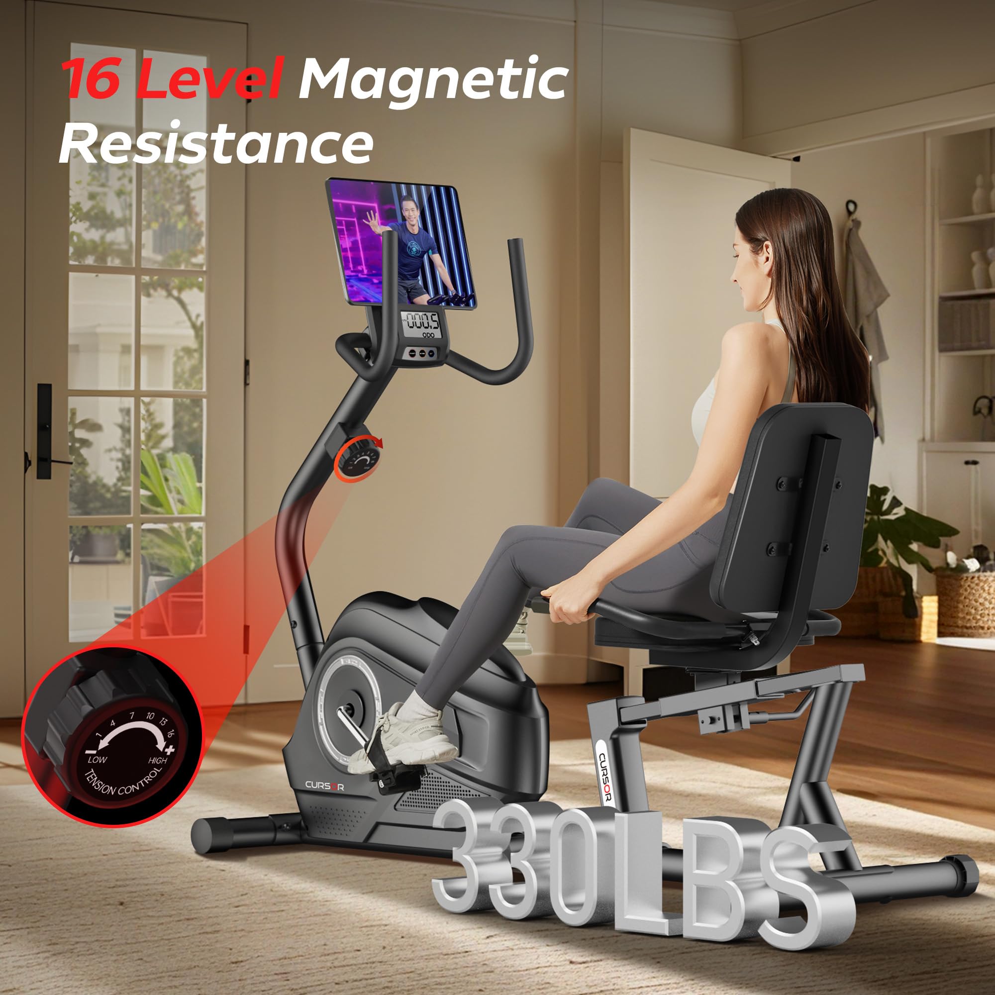 CURSOR FITNESS Recumbent Exercise Bike, Stationary Bikes for Home with Adjustable Seat, 16-Level Magnetic Resistance Recumbent Exercise Bike for Home Gym Cardio Workout Training