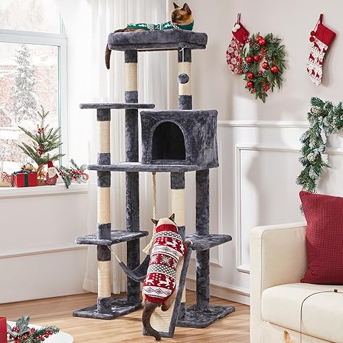 Vista 55 de Yaheetech Torre para gatos de 63 pulgadas, muebles para mascotas de varios niveles para gatitos de interior con postes rascadores cubiertos de sisal