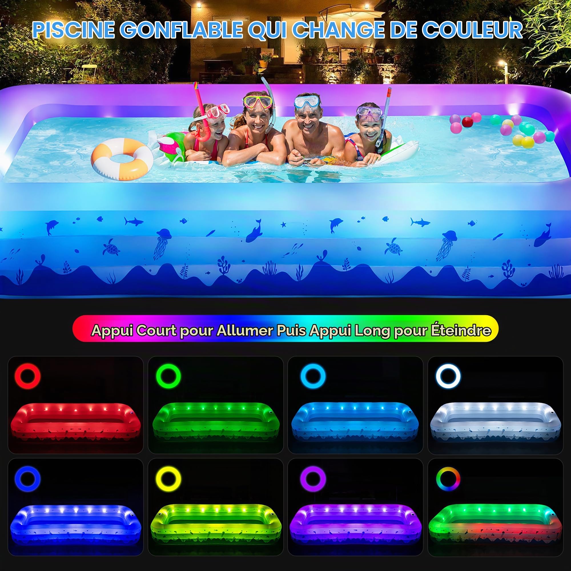 Grandes piscines gonflables avec lumières, 368 cm x 188 cm x 56 cm, piscines gonflables familiales pour Adultes, Piscine Gonflable à énergie Solaire dans la Cour arrière (la Pompe à air n'entre Pas