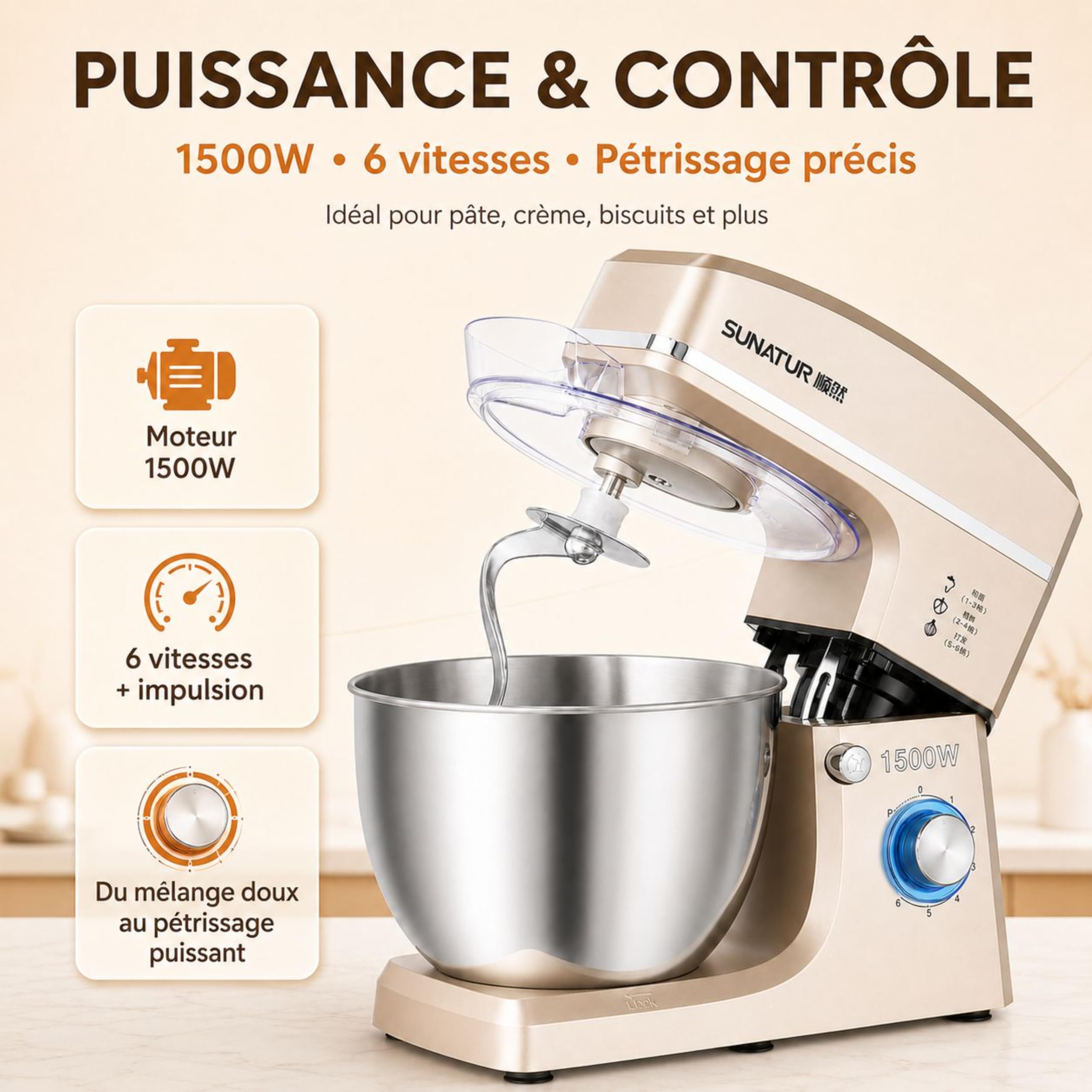 robot pâtissier, 8L, 1500W, 6 vitesses, batteur électrique de cuisine, tête de mixage inclinable et design antidérapant, bol de mixage en acier inoxydable. Livré avec 6 accessoires.