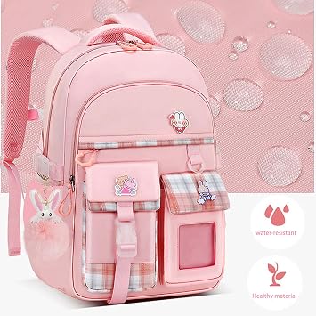 KEBEIXUAN School Bags for Girls - Kawaii Personalised Kids Backpack, Water Resistant Rucksack for Primary Middle School (Pink)