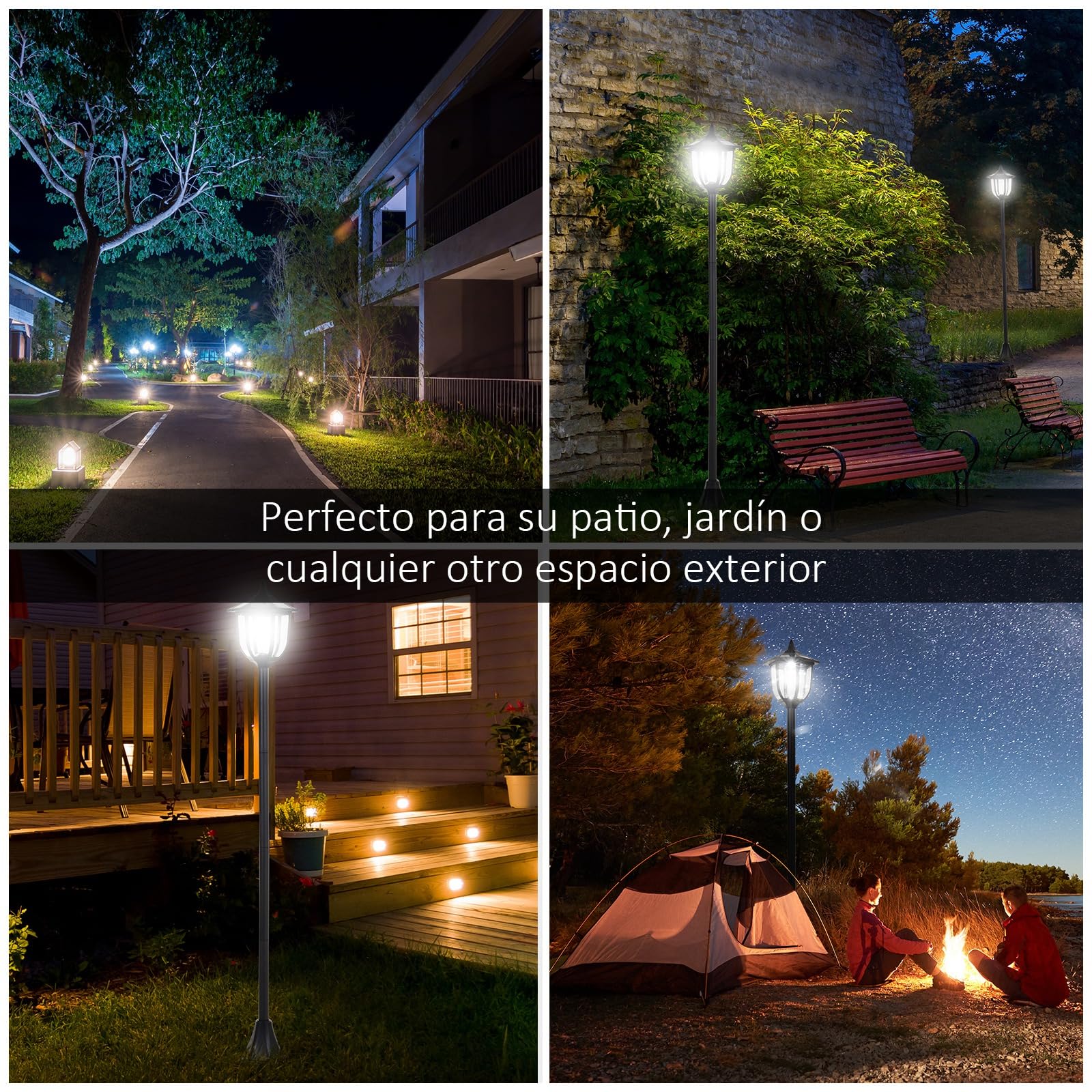 Outsunny Conjunto de 2 Farolas Solares con Panel Ø26,5x177 cm Negro | Luces de Solar para Jardín, Encendido Automático, Protección al Ambiente, 6 Luces LED, para Terraza Patio