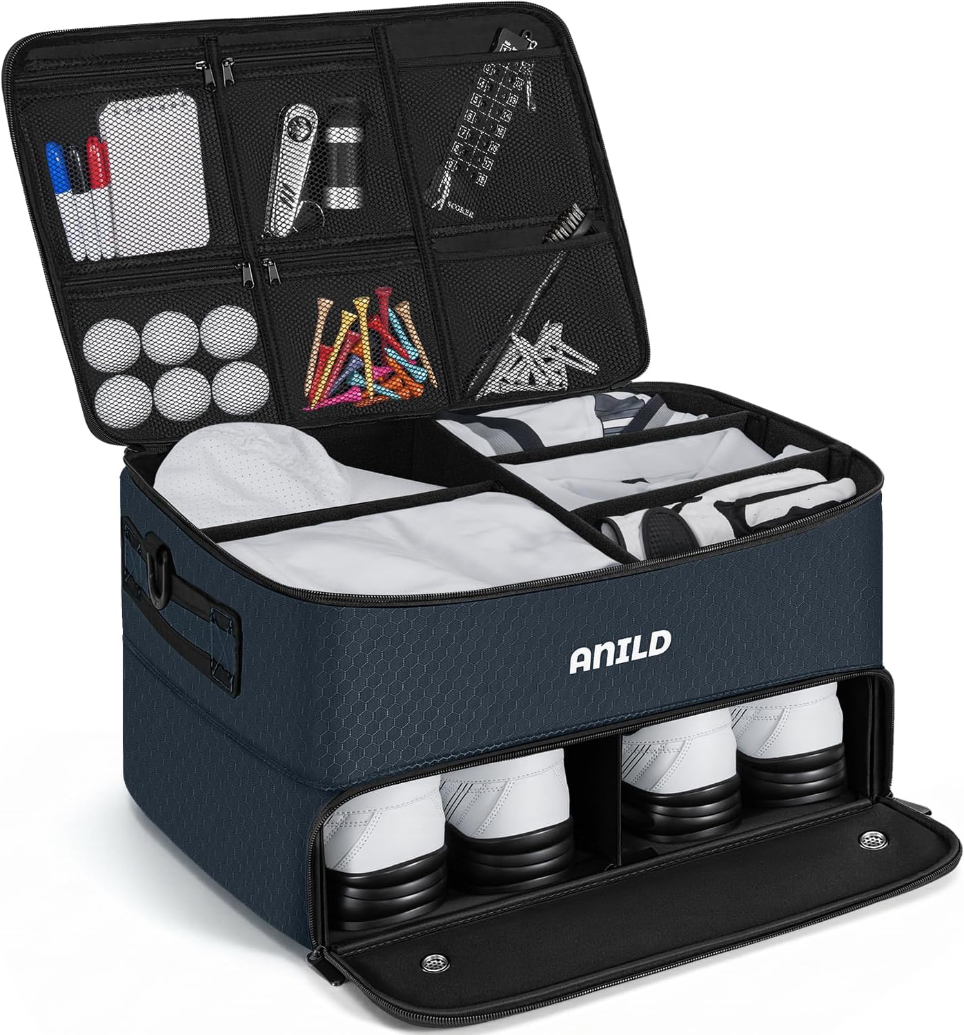 ANILD Golf Trunk Organizer, 2 Layer Golf Storage Case with Separate Ventilated Compartment for 2 Pair Shoes, for Balls, Tees, Clothes, Gloves, Accessories, Golfer Gifts