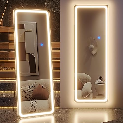 ZKIODV Full Length Mirror with Lights, 160*50 LED Full Body Mirror, Lighted Floor Standing Mirror, Light Up Wall Mount Mirror, Stand Up Mirror with 3 Color, Large Long for Bedroom, Living Room (White) - Led White - 63L x 19.7W inches