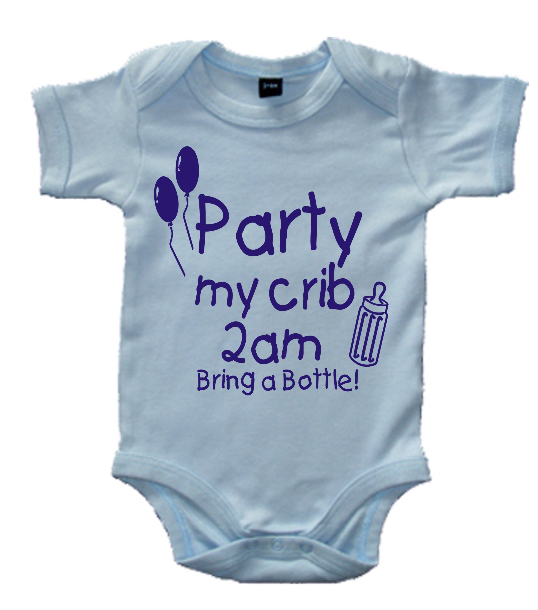 Edward Sinclair | 3-6 months | with blue print | PARTY AT MY CRIB 2AM BRING A BOTTLE | Sky blue | Baby bodysuit
