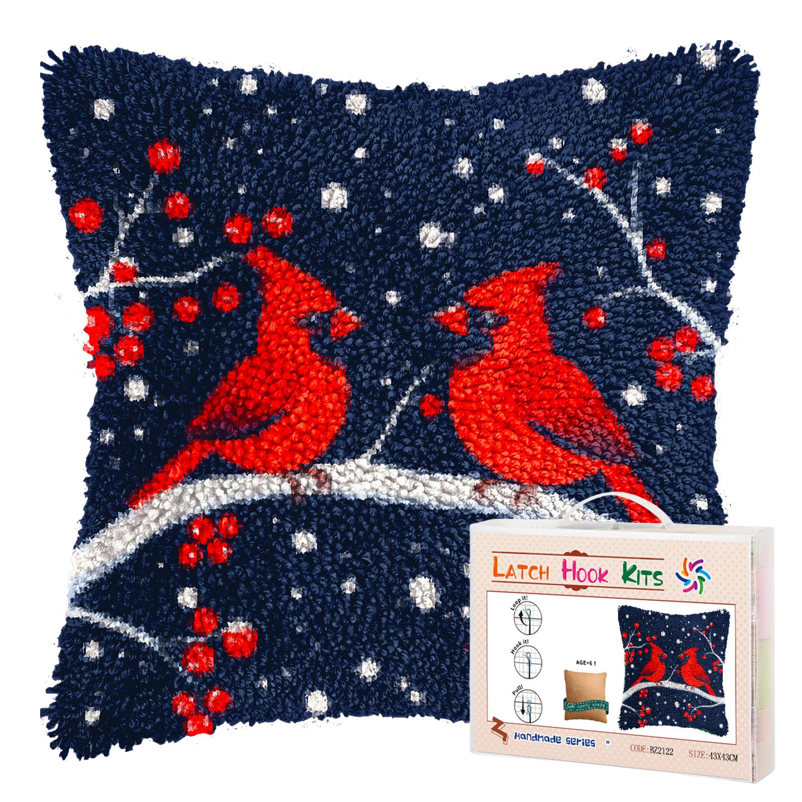 DIY Latch Hook Pillow Kits for Adults Merry Christmas Red Cardinal Birds Pillow Cover Printed Pillowcase Crochet Yarns Hooking Handmade Cushion for Home Sofa Decoration 17x17inch(25)