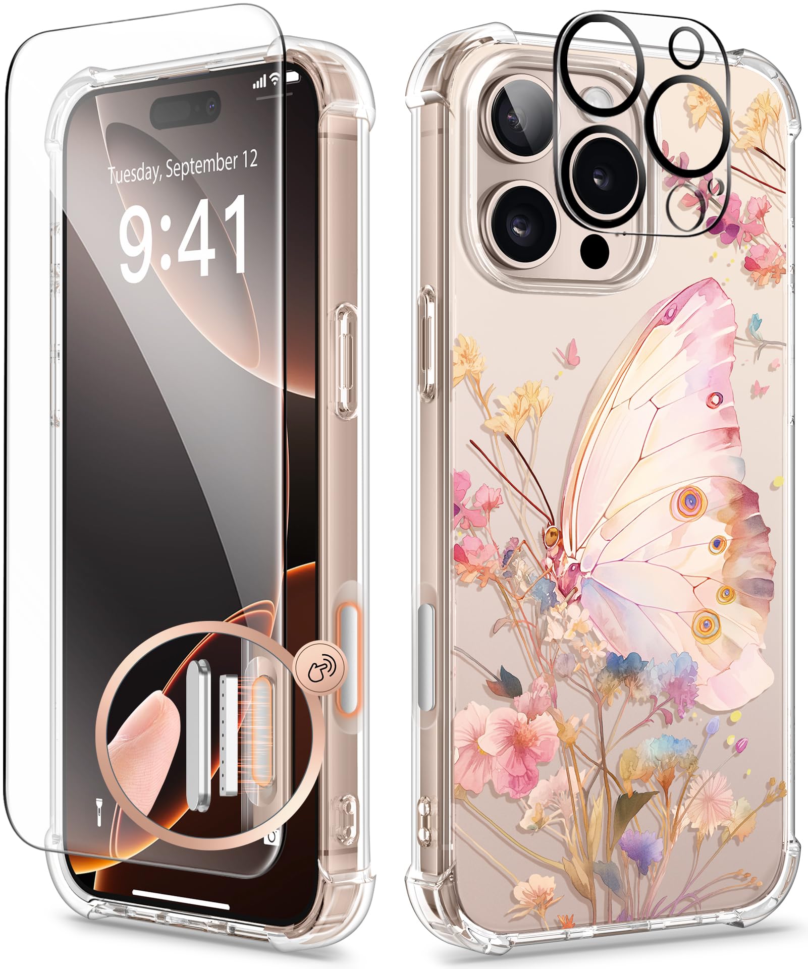GVIEWIN for iPhone 16 Pro Max Case with Screen Protector & Camera Lens Protector, [Military Grade Protection] Clear Shockproof Slim Floral Phone Cover for Women Girls 6.9" (Magic Butterfly)