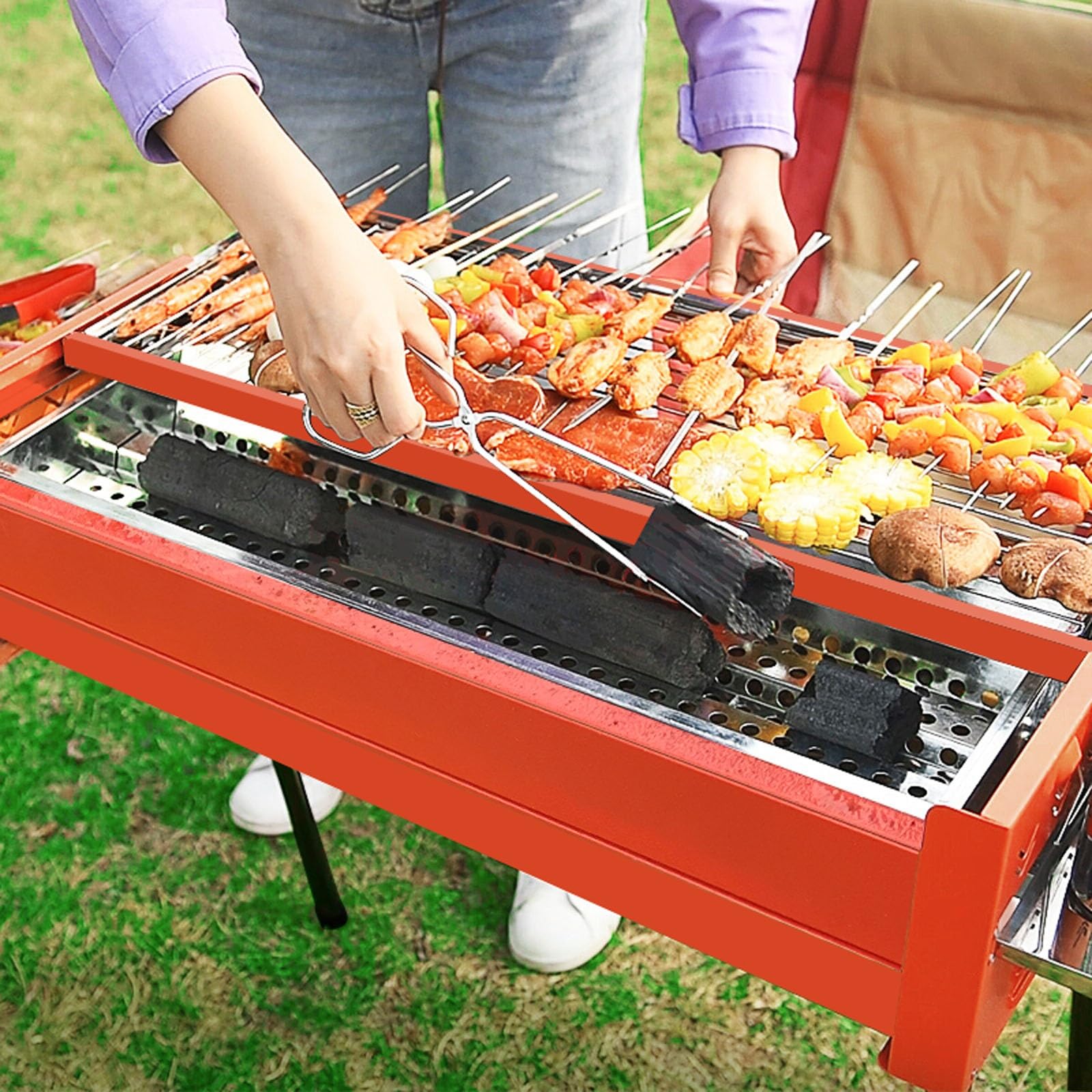Przenośny Grill Węglowy z Bocznym Koszem Grill Zewnętrzny z Piekarnikiem do Ogrodu, Kempingu, Imprezy Plenerowej, Gotowania na Podwórku