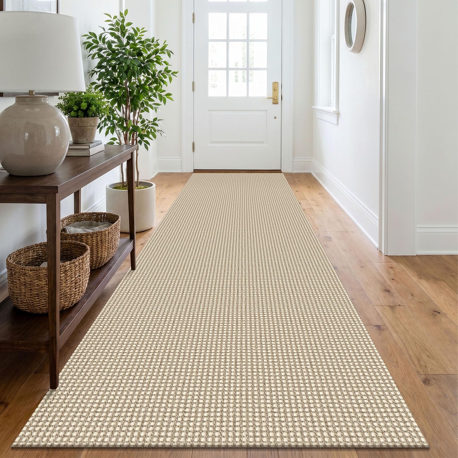 IOHOUZE Washable Runner Rug 3x10 Non Slip Rubber Backed Long Hallway Runner Entryway Runner Indoor, Kitchen Rugs Woven Cotton Floor Carpet for Hall Entrance, Cream/Beige