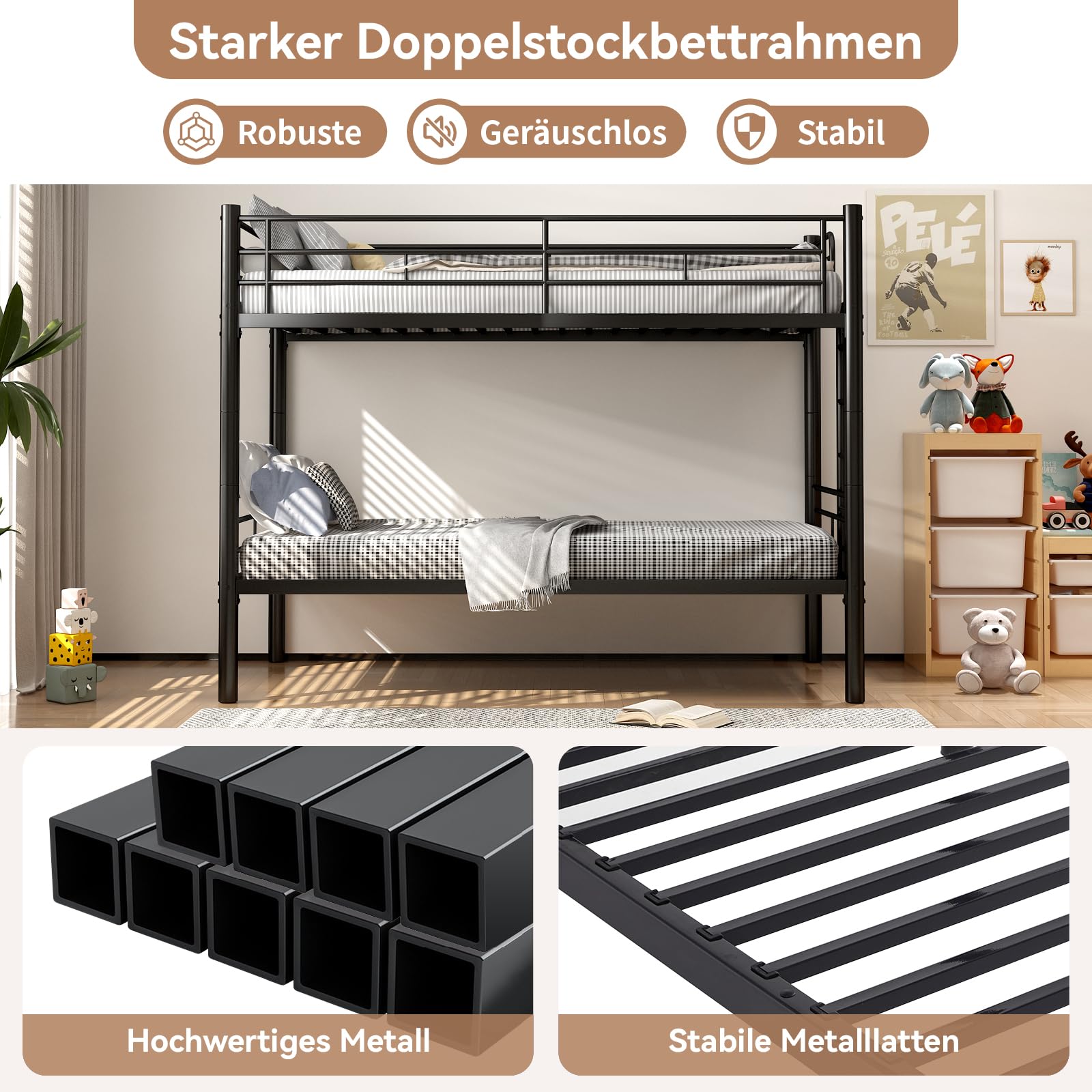 Litera de 90 x 200 cm, con escaleras y protección anticaídas, litera de metal con somier, convertible en 2 camas individuales, cama alta para niños, adolescentes y adultos (negro)