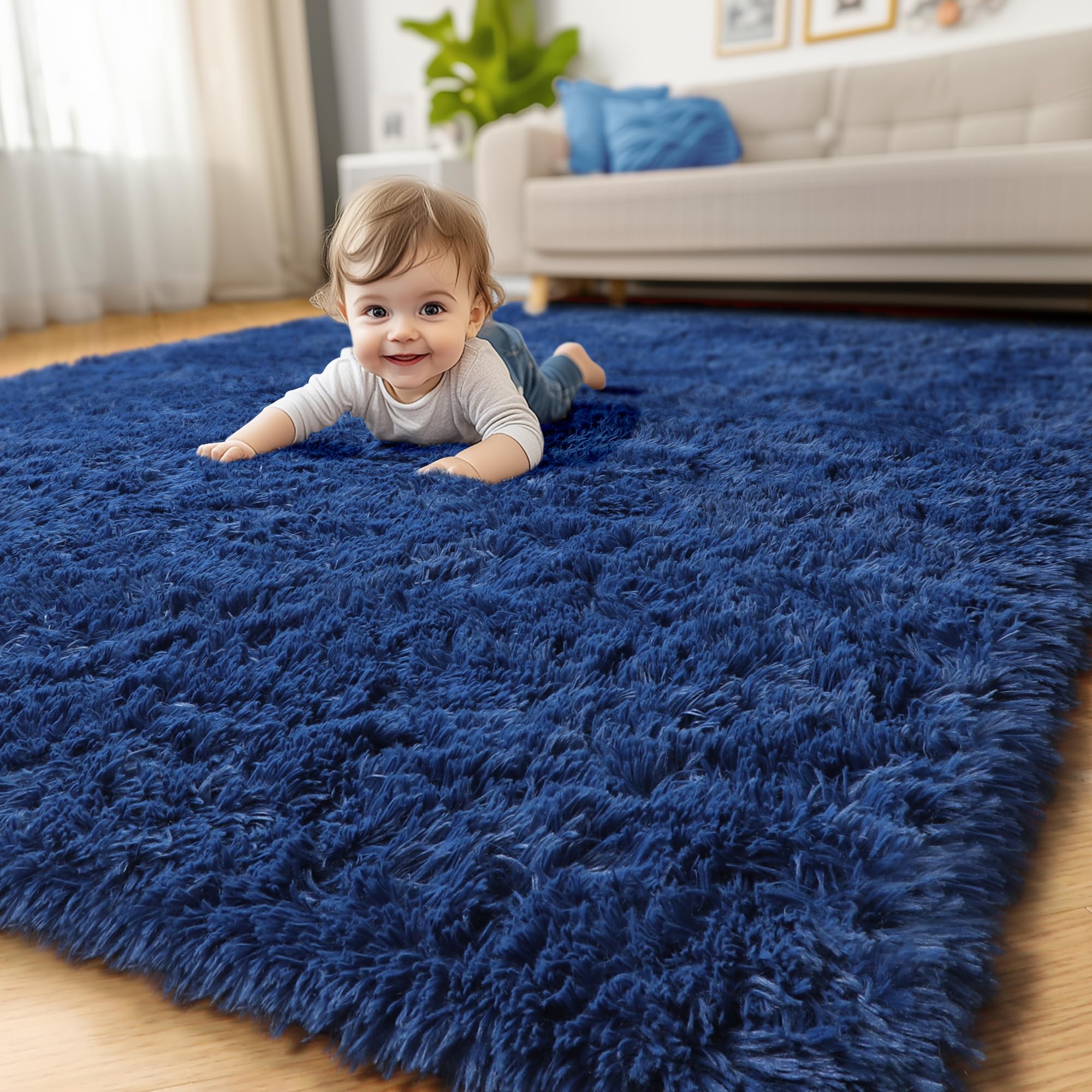 Amdrebio Navy Blue Shag Runner Rug, 91 x 152 cm, Fluffy, Washable, Rectangular, Bedroom, Living Room, Kids Room