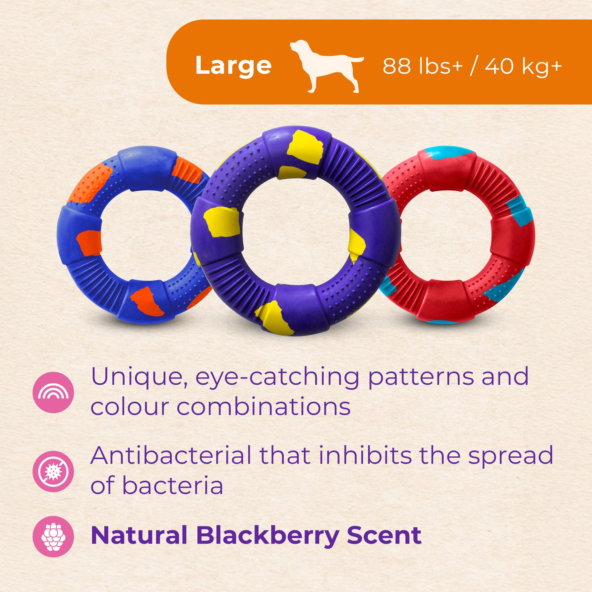 DUR Large Ring Dog Tug Toy, Purple/Yellow, Blackberry Scent, Durable Recycled Rubber - Image 4