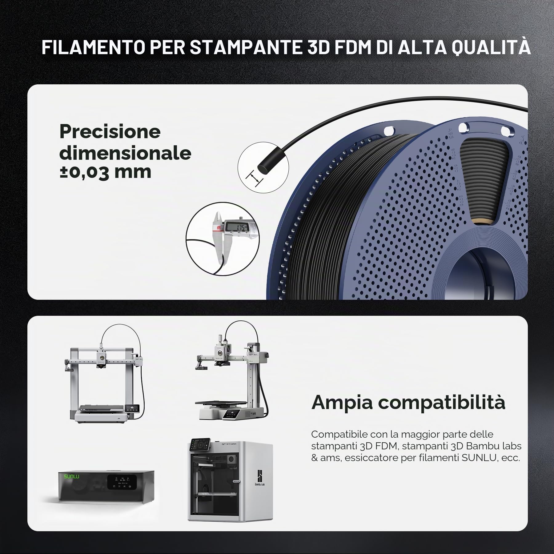SUNLU 2KG TPU Stampa Filamento 3D 1.75mm,TPU 95A di Qualità Industriale,Resistente all'usura, Flessibile, Elevata Elasticità, Facile Da Stampare, Precisione ±0,03mm,1KG, 2 Bobine Nero